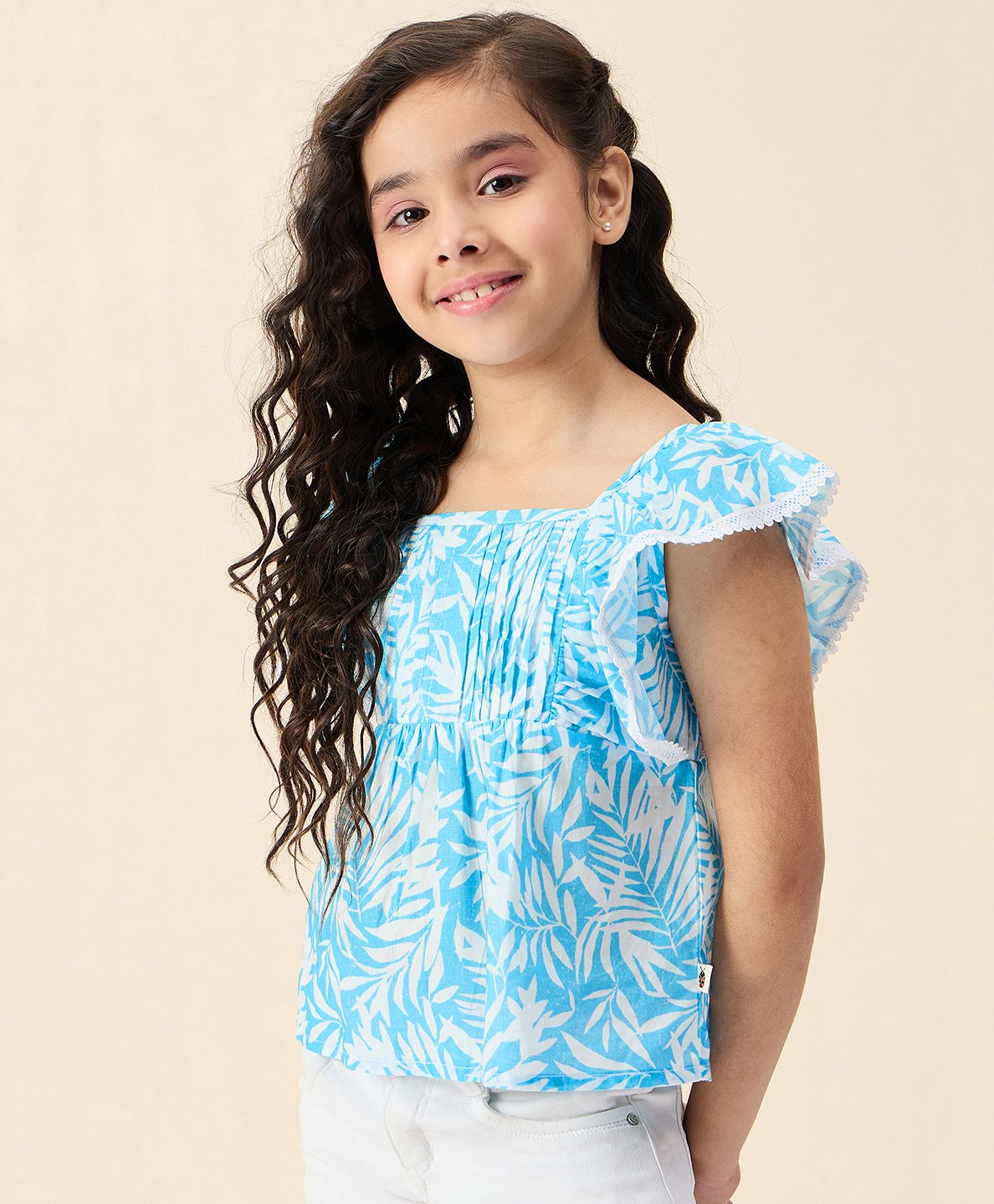 StyloBug Cotton Half Flutter Sleeves Leaves Printed Top - Blue-picture-17