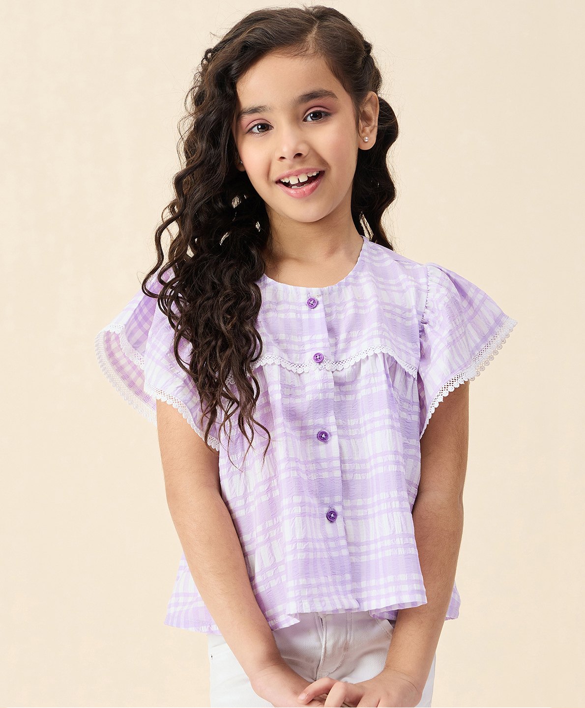 StyloBug Half Flutter Sleeves Checked & Lace Embellished Top -Lavender-picture-4