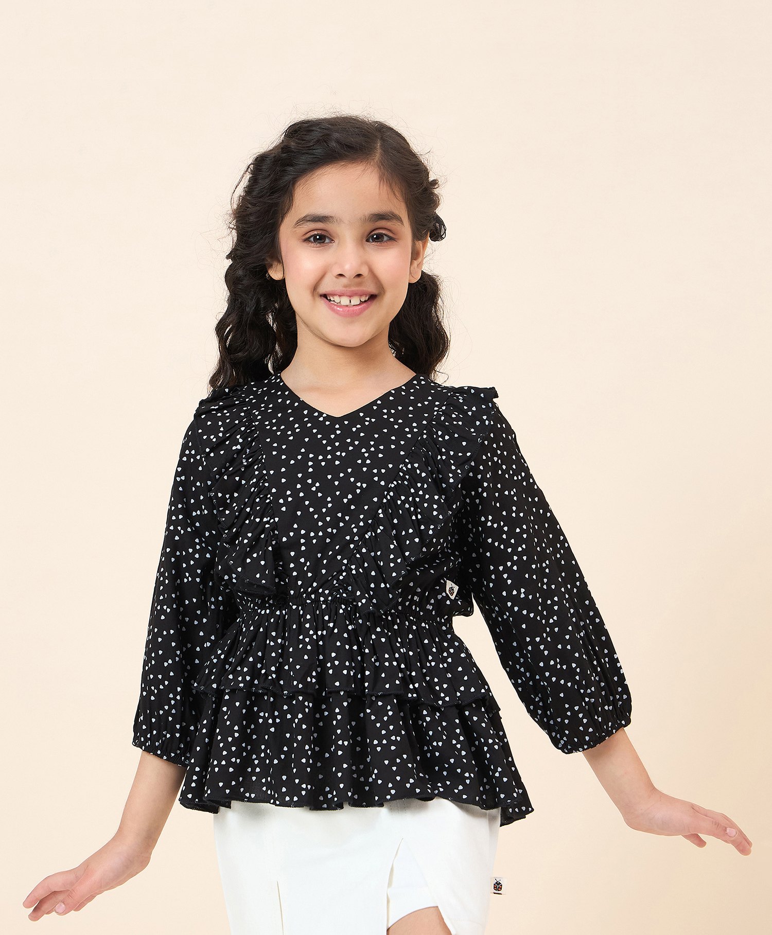 StyloBug Viscose Rayon Three Fourth Sleeves Triangles Printed Peplum Top - Black-picture-43