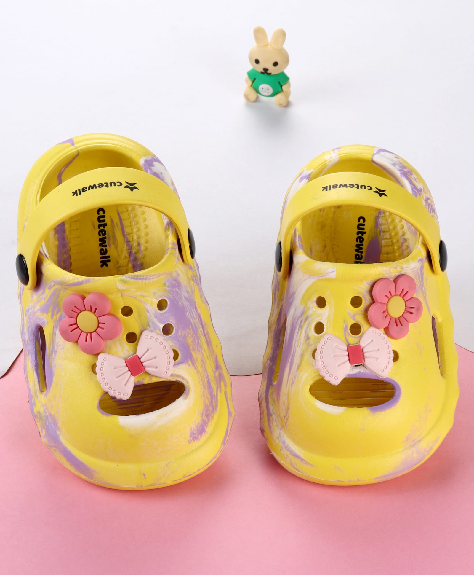 Cute Walk by Babyhug Clogs with Floral Applique & Back Strap - Purple & Yellow