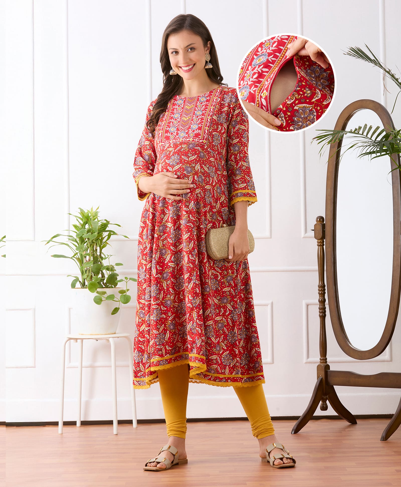 Bella Mama 100% Viscose Woven Three Fourth Sleeves Maternity Kurta With Embrodiered Yoke & Floral Print - Red