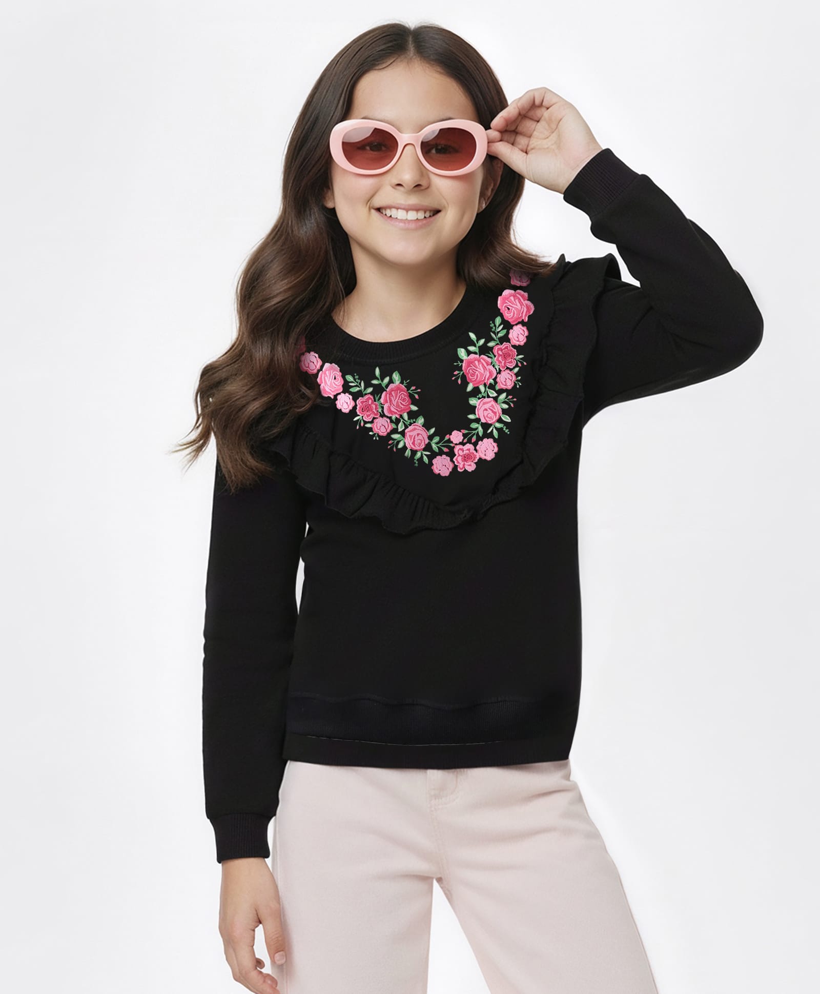 Pine Kids 100% Cotton Full Sleeves Floral Printed Sweatshirt With Frill Design - Black-picture-27