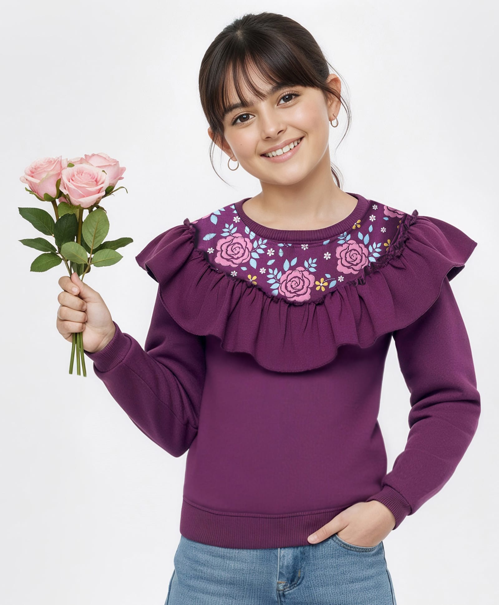 Pine Kids Cotton Knit Full Sleeves Sweatshirt With Floral Embroidery - Violet-picture-31