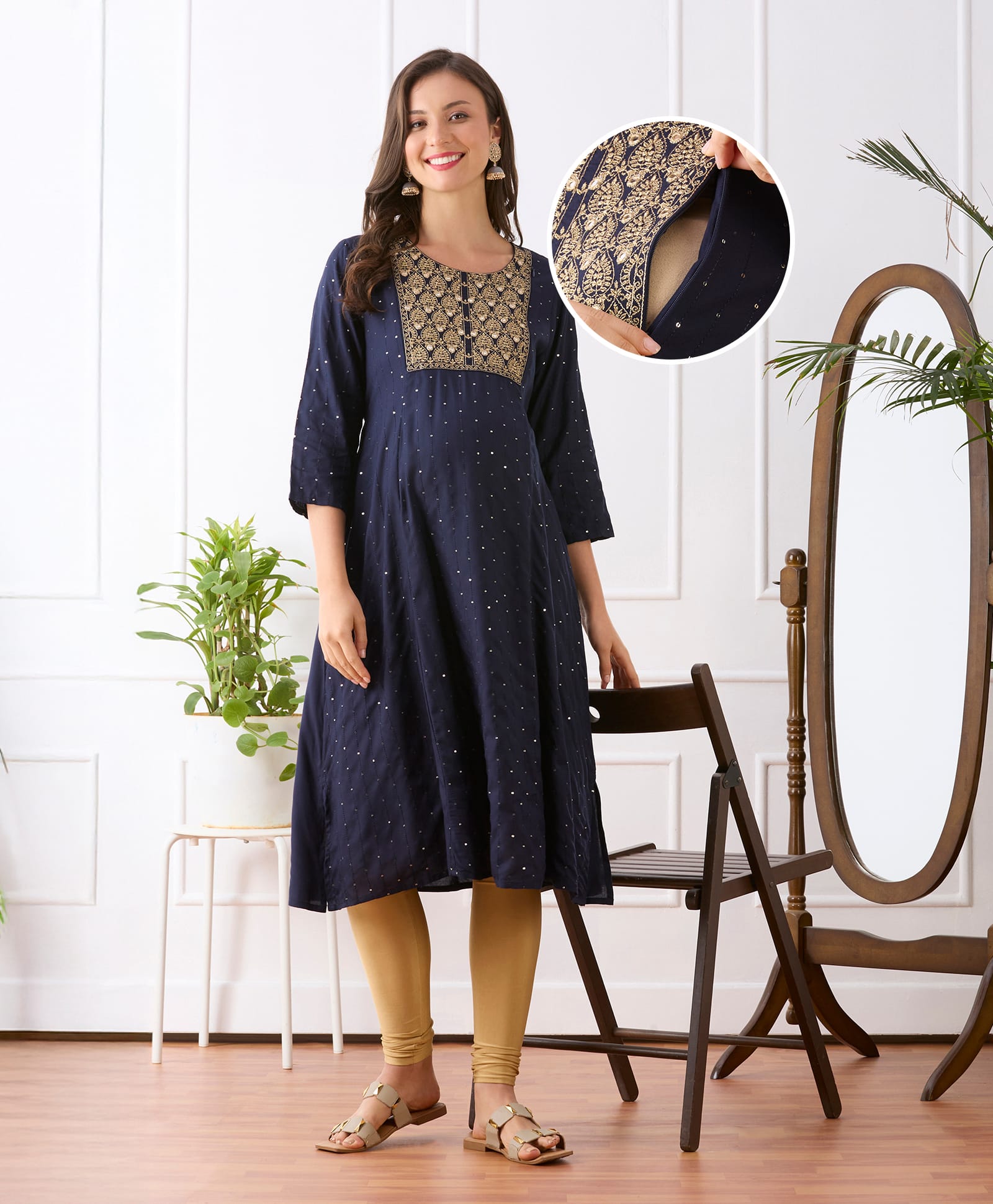 Bella Mama Woven Three Fourth Sleeves Embroidered Maternity Kurta with Pocket - Navy Blue