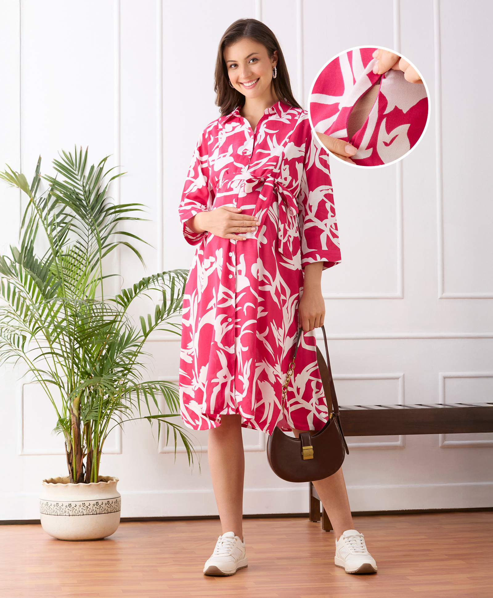 Bella Mama Woven Three Fourth Sleeves Maternity Shirt Dress With Floral Print - Pink-image-43