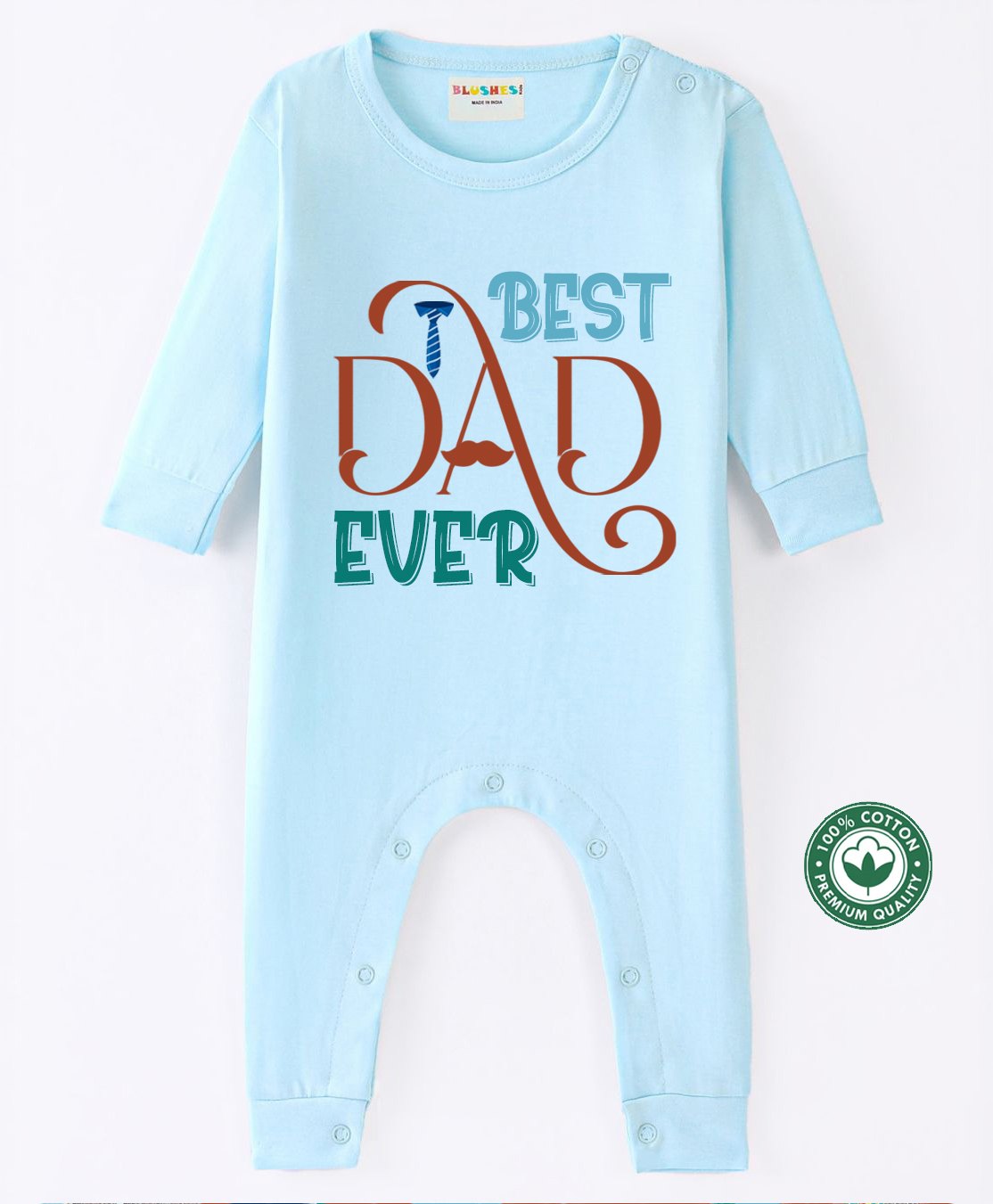 BLUSHES 100% Cotton Fathers Day Theme Full Sleeves Best Dad Ever Text Printed Romper - Aqua Blue-picture-10