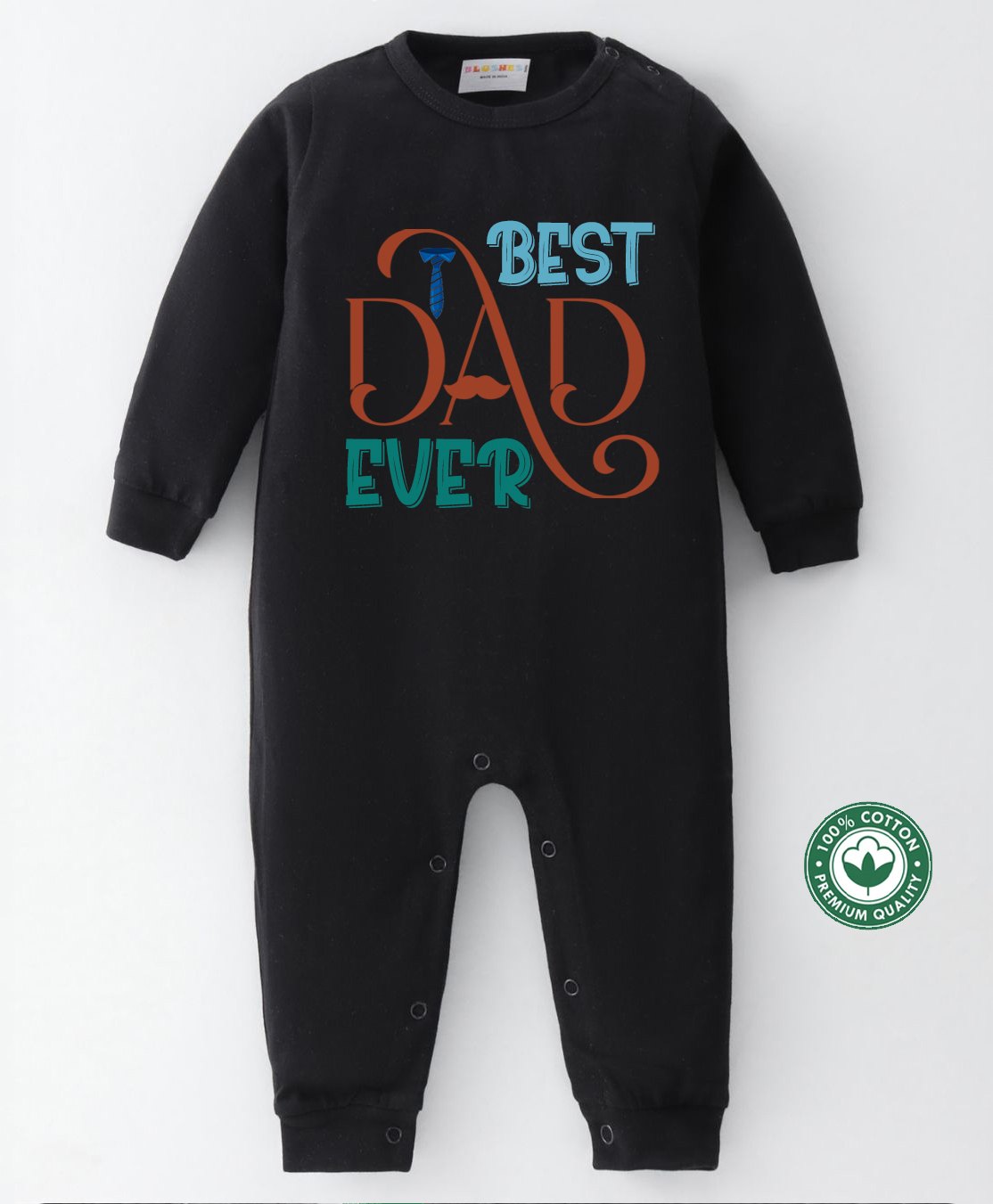 BLUSHES 100% Cotton Fathers Day Theme Full Sleeves Best Dad Ever Text Printed Romper - Black-image-23
