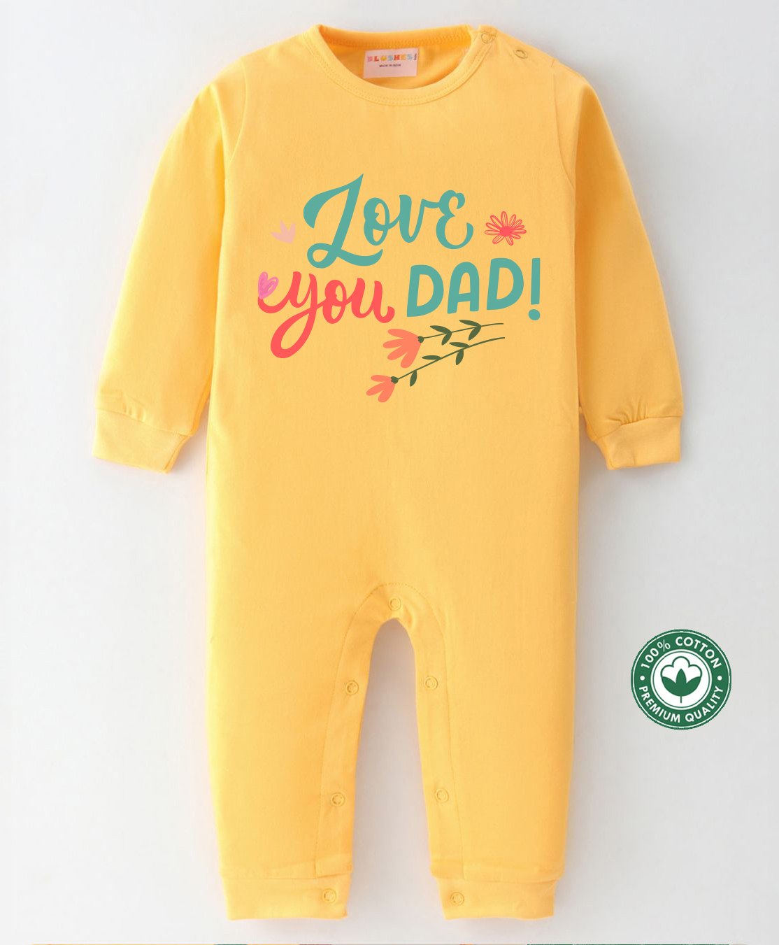 BLUSHES 100% Cotton Fathers Day Theme Full Sleeves Love You Dad Text Printed Romper - Yellow-picture-21