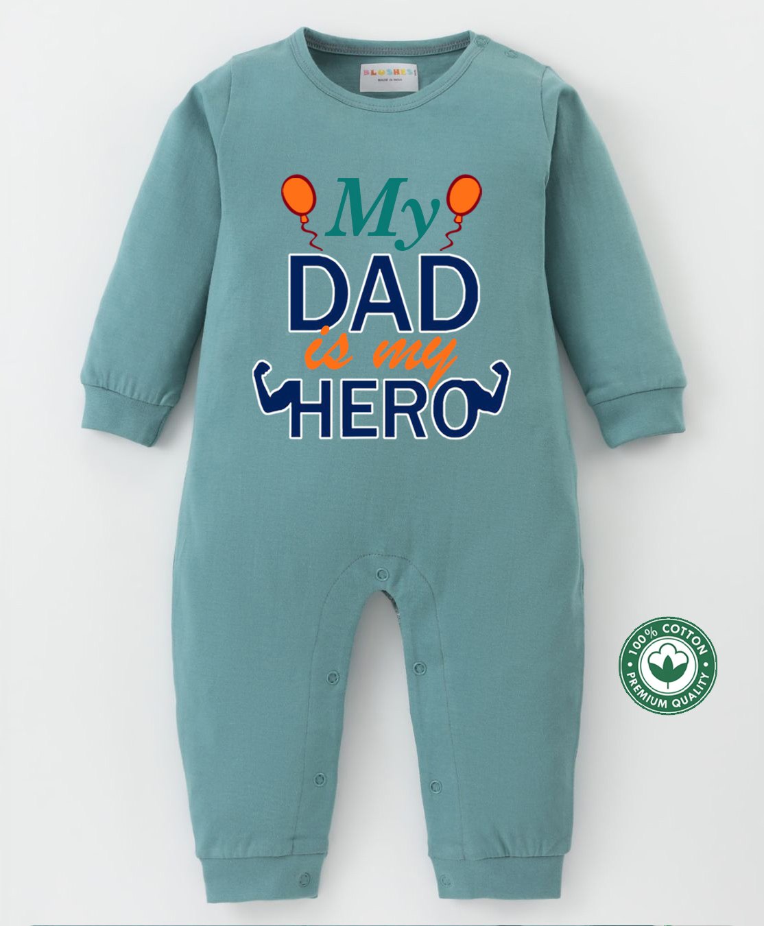 BLUSHES 100% Cotton Fathers Day Theme Half Sleeves My Dad Is My Hero Text Printed Romper - Olive Green-image-25