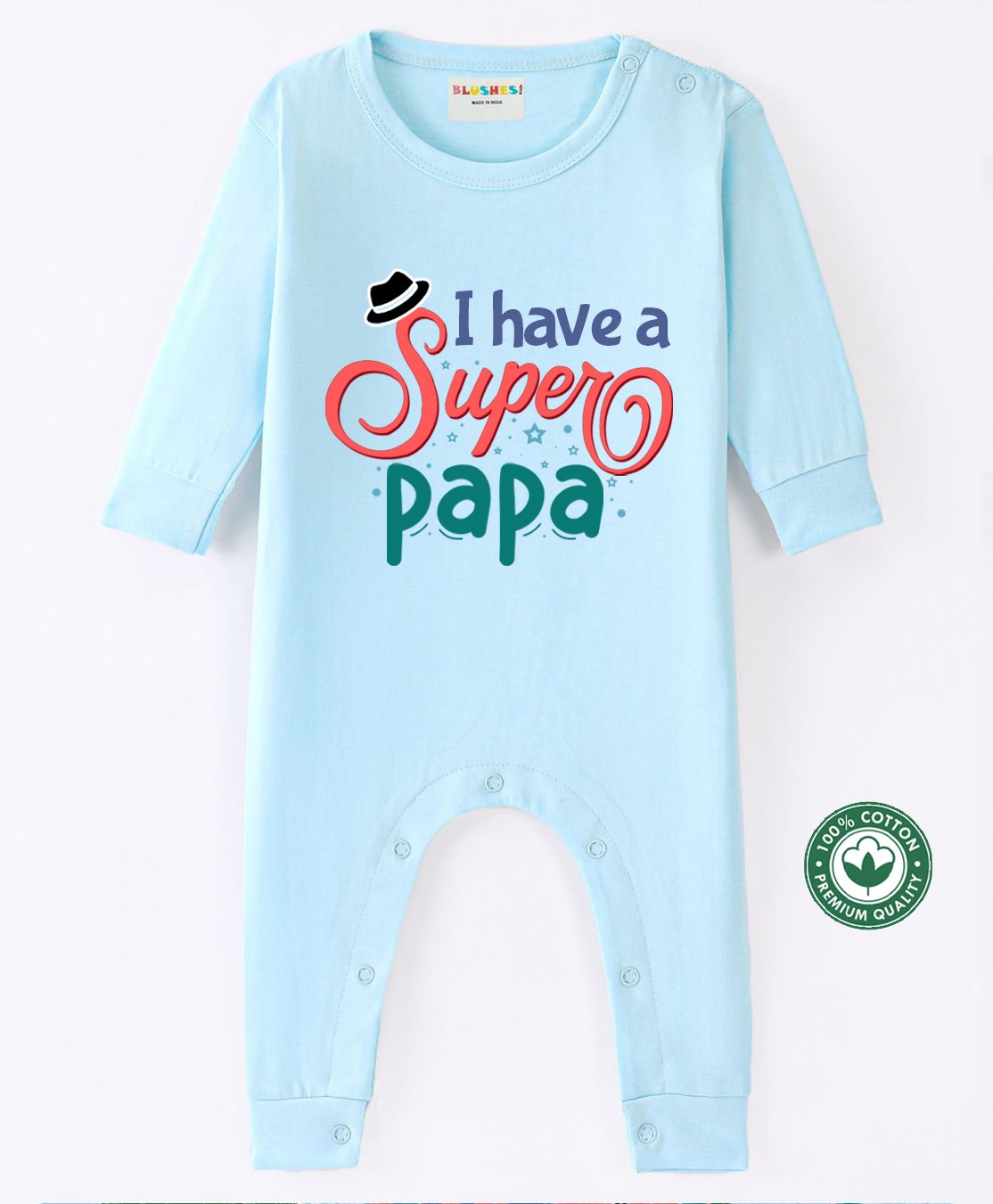 BLUSHES 100% Cotton Fathers Day Theme Half Sleeves I Have A Super Papa Text Printed Romper - Aqua Blue-picture-37