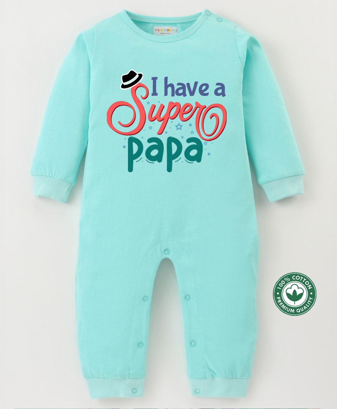 BLUSHES 100% Cotton Fathers Day Theme Half Sleeves I Have A Super Papa Text Printed Romper - Sea Green-picture-35