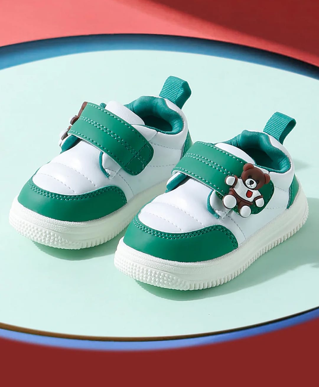 ONYC Bear Applique Detailed Colour Blocked Sneakers With Velcro Closure - Green-picture-10