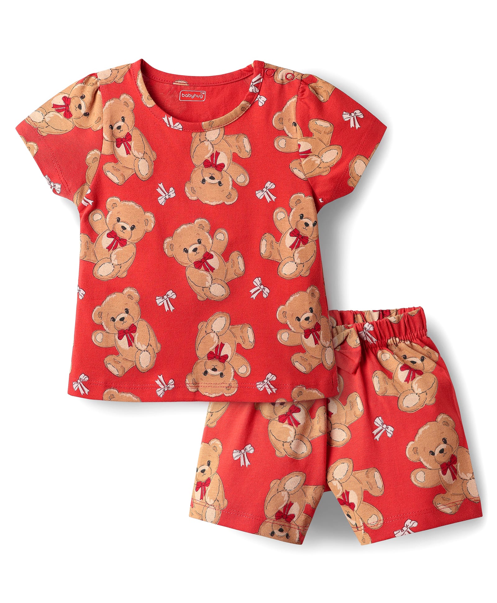 Babyhug Cotton Knit Half Sleeves Co-ords Shorts Night Suit with Bear Print - Red