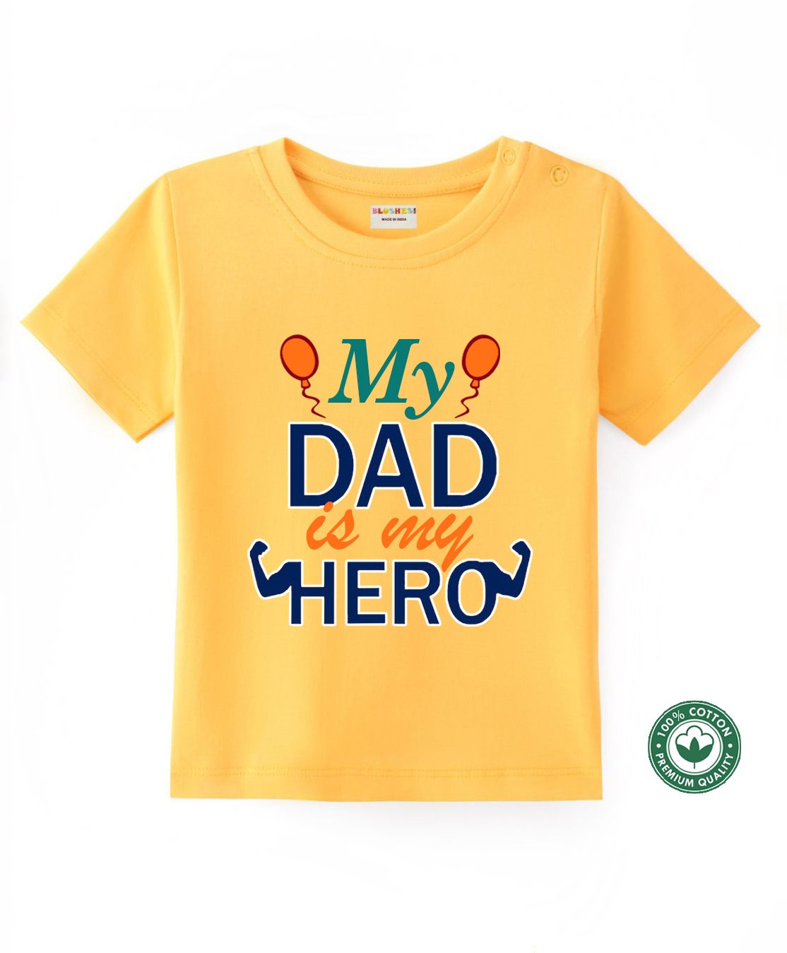 BLUSHES 100% Cotton Fathers Day Theme Half Sleeves My Dad Is My Hero Text Printed Tee - Yellow-picture-28