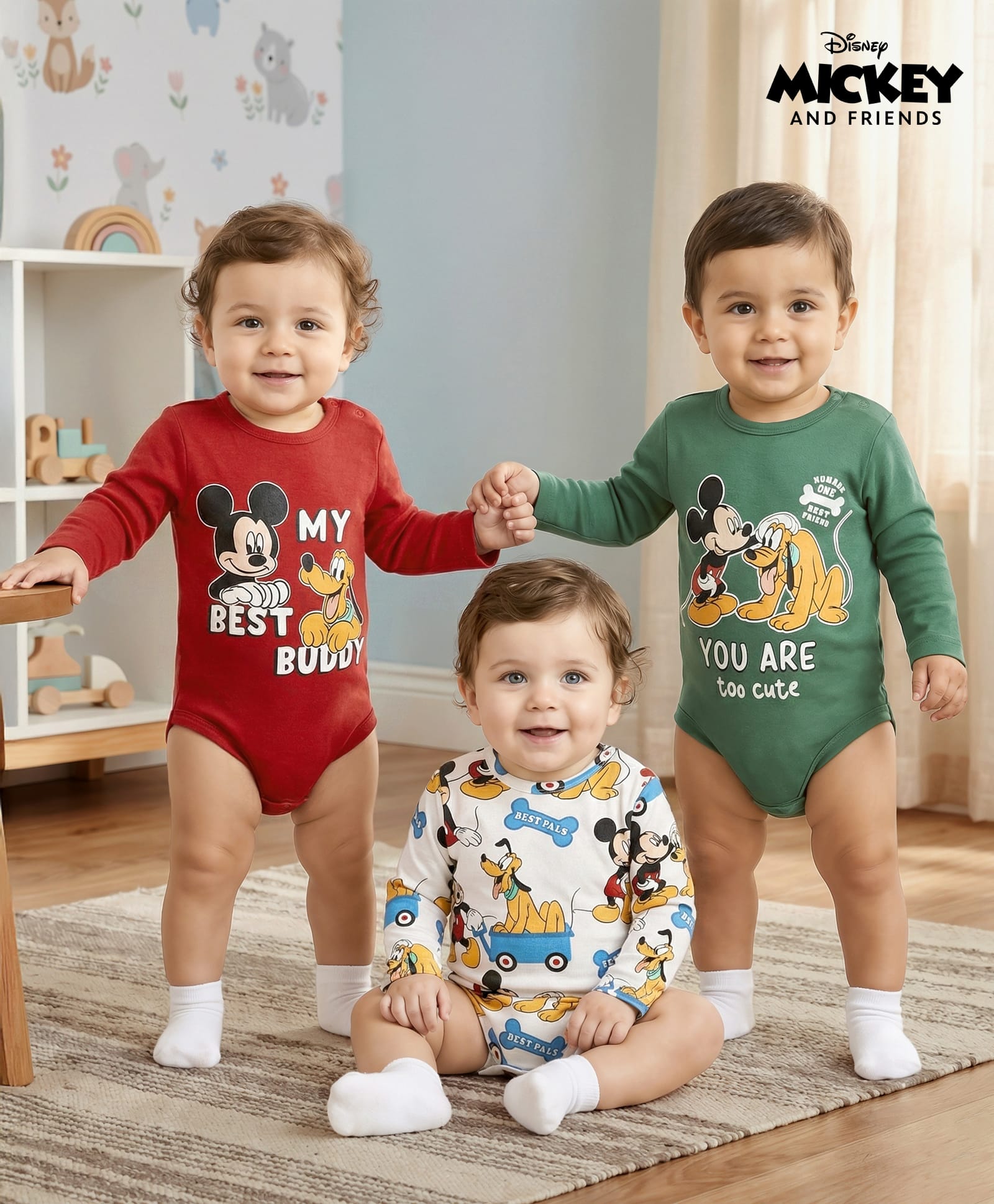 Babyhug Disney Interlock Knit Full Sleeves Onesies with Mickey Mouse & Friends Graphics Pack of 3 - Green Red & White-picture-25