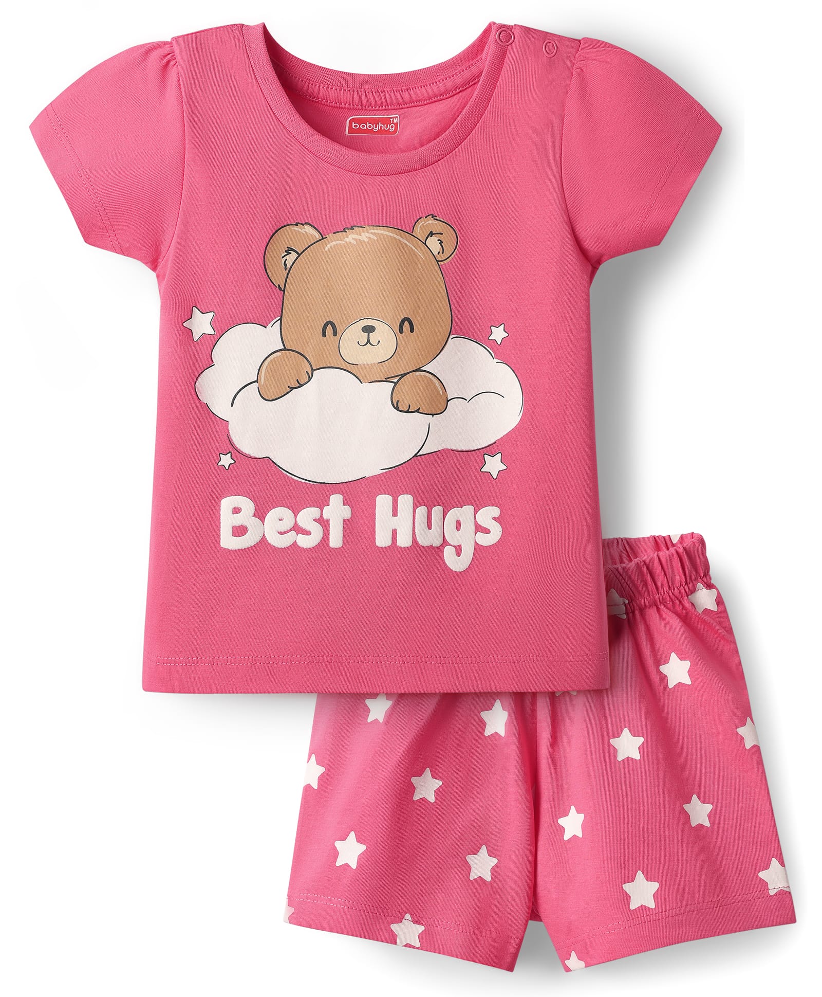 Babyhug Cotton Knit Half Sleeves Shorts Night Suit with Bear & Star Print - Pink