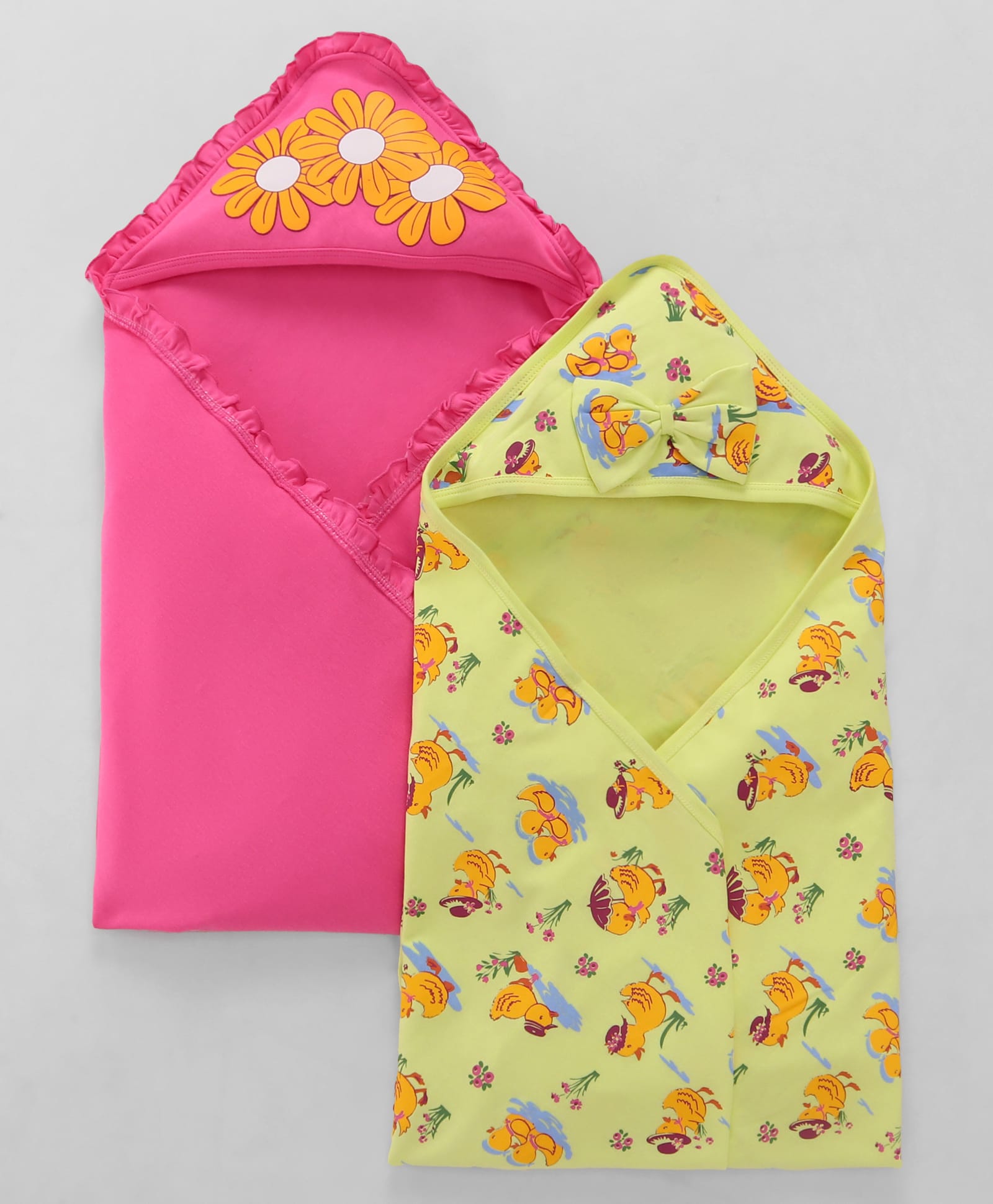 Babyoye Cotton Knit Hooded Wrapper With Birds Print L 81.5 x B 81.5 cm Pack Of 2 - Yellow & Pink-image-49