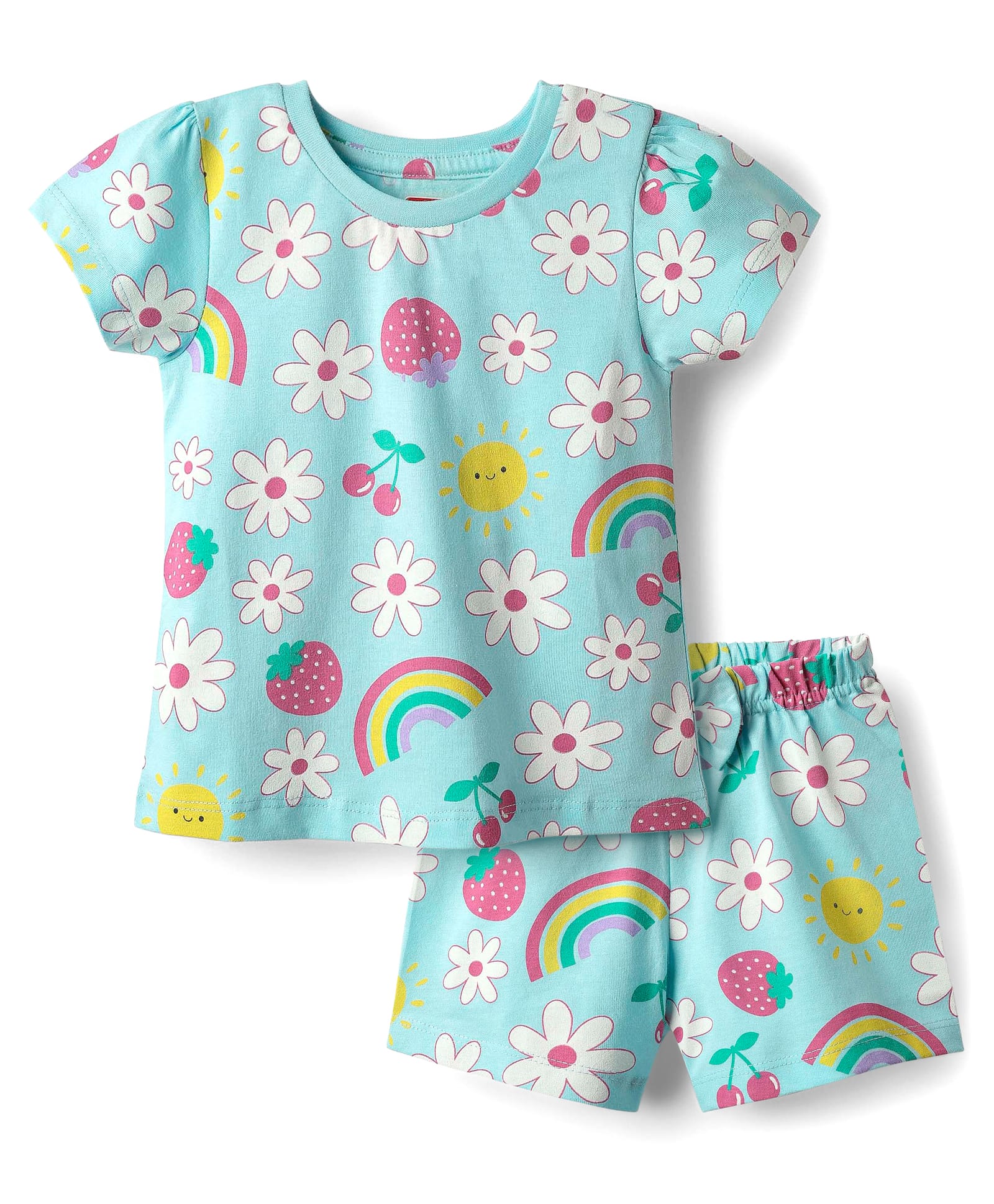 Babyhug Cotton Knit Half Sleeves Co-ords Shorts Night Suit with Tropical Theme Print & Bow Applique - Light Blue