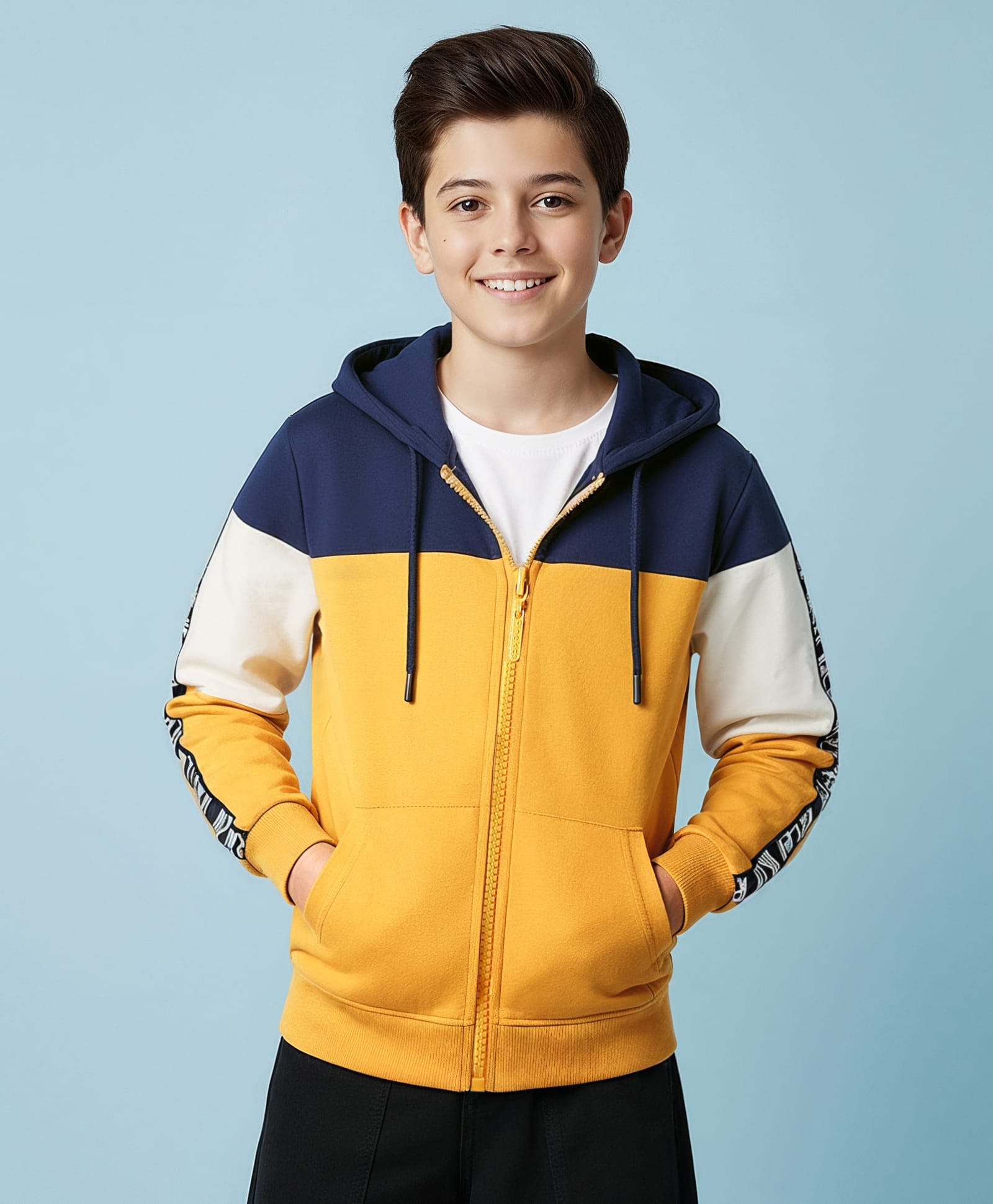 Pine Kids Cotton Knit Full Sleeves Hooded Sweatjacket With Cut & Sew Design & Kangaroo Pockets - Gold & Navy Blue-picture-30