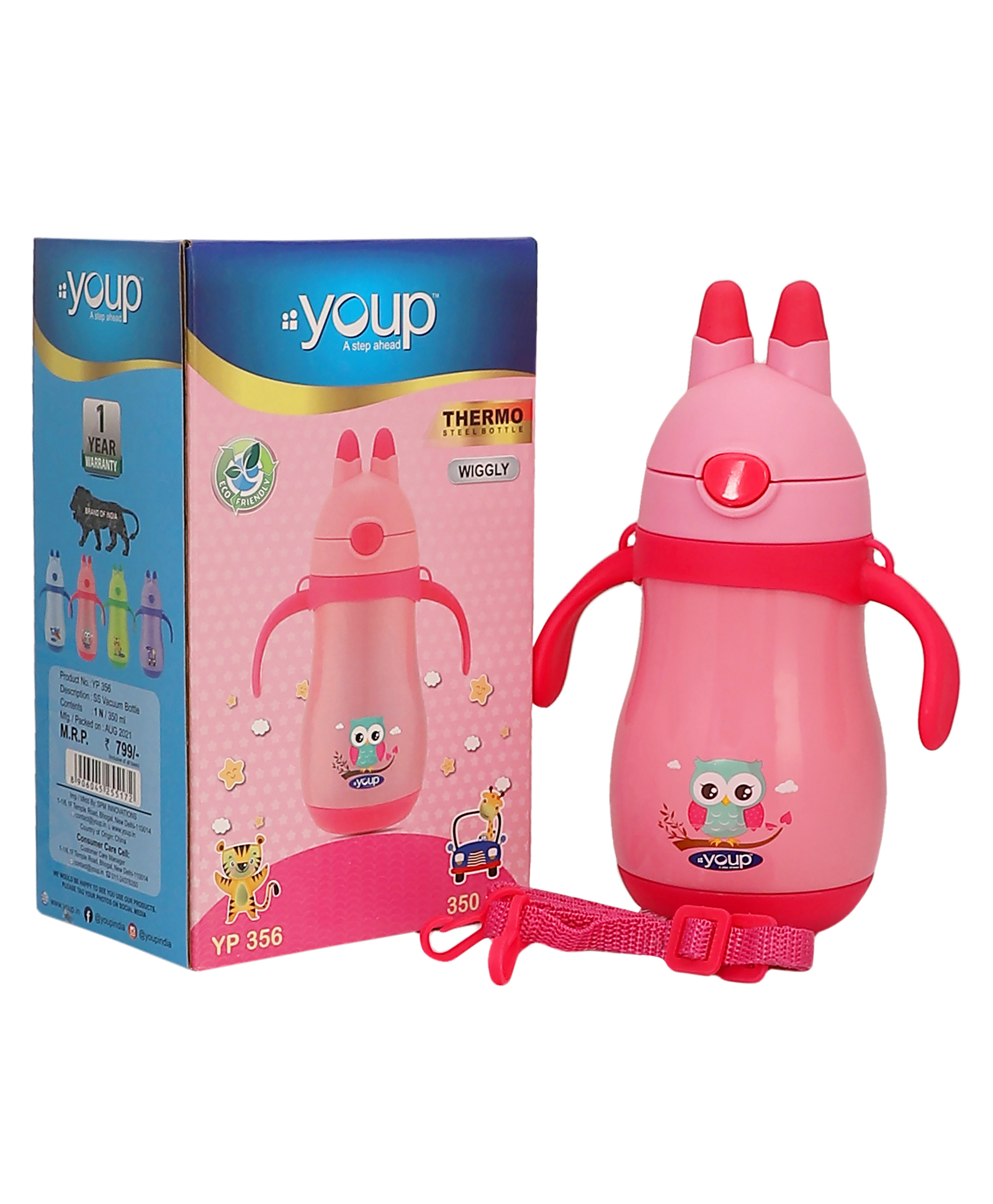 Youp Stainless Steel Green Color Kids Sipper Bottle With Handle Wiggly - 350 ml-image-37