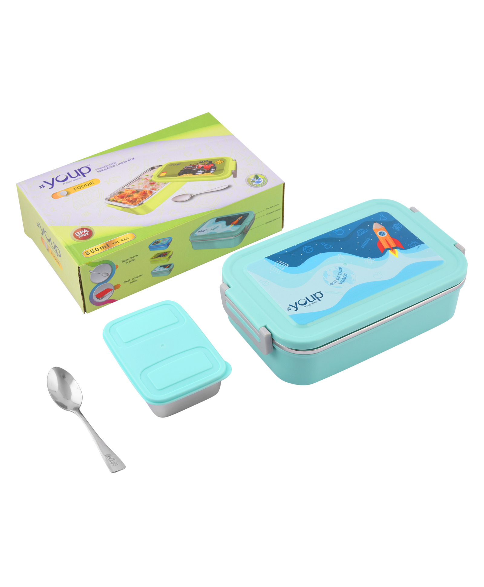 Youp stainless steel spring green color kids lunch box foodie-850 ml-picture-24