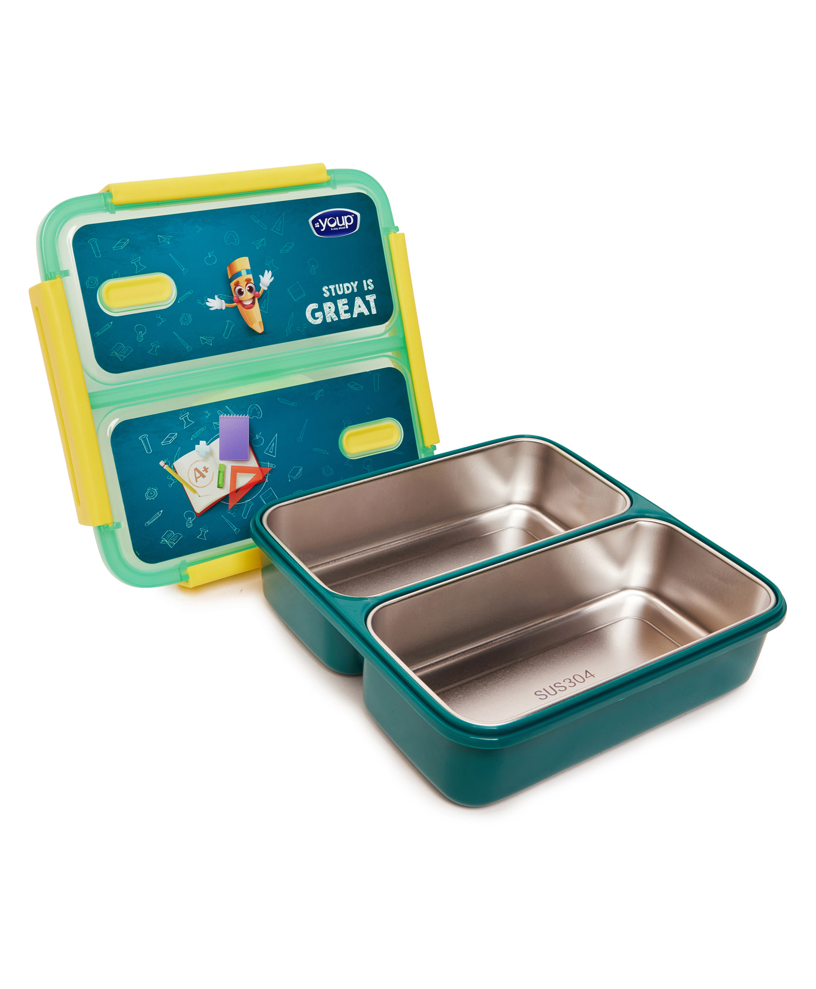 YOUP Stainless Steel Green Color Kids Bento Lunch Box With 2 Compartments TYCOON-1100 ml-picture-19