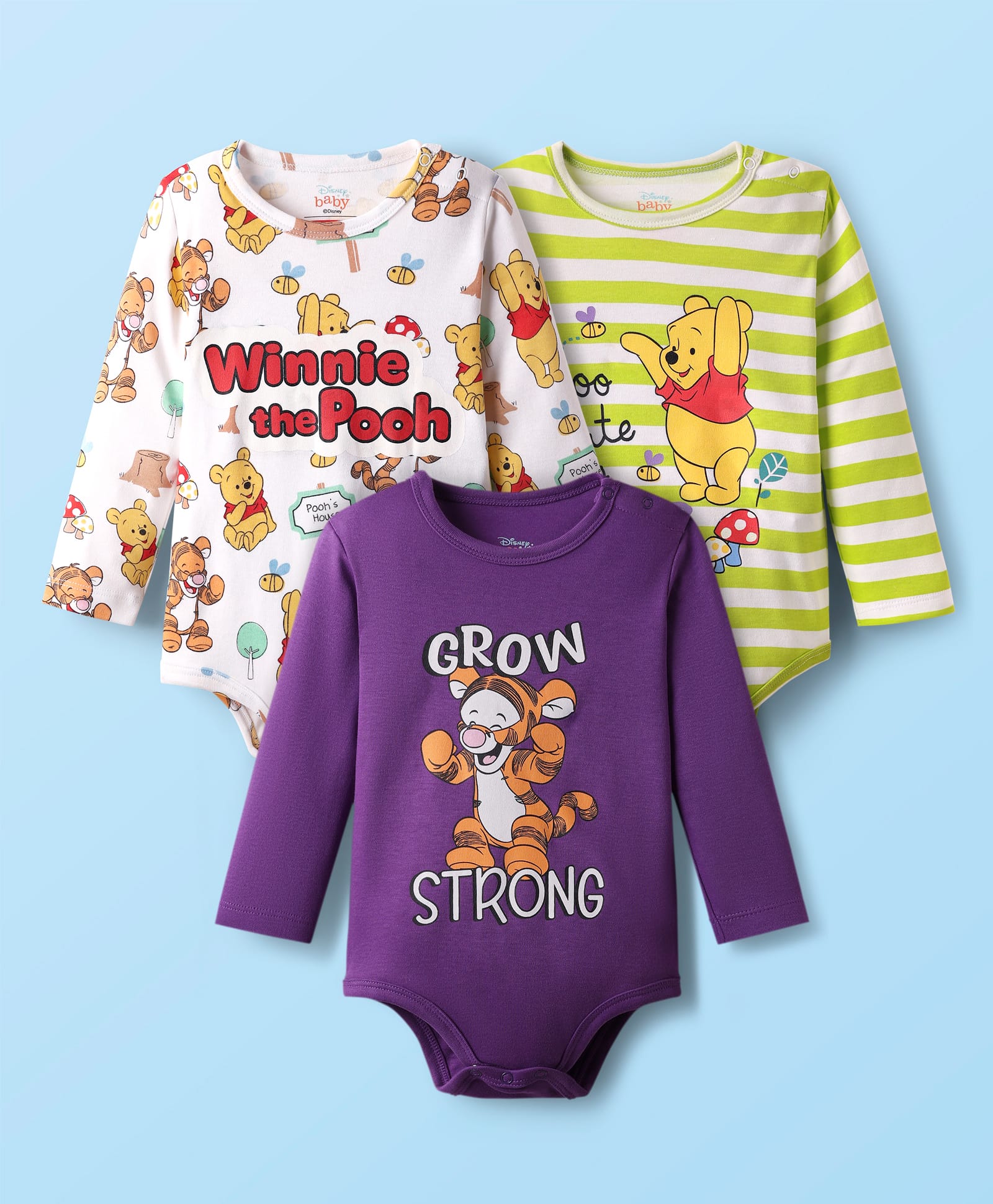 Babyhug Disney Interlock Knit Full Sleeves Onesies with Winnie The Pooh Graphics Pack of 3 - White Purple & Light Green-picture-10