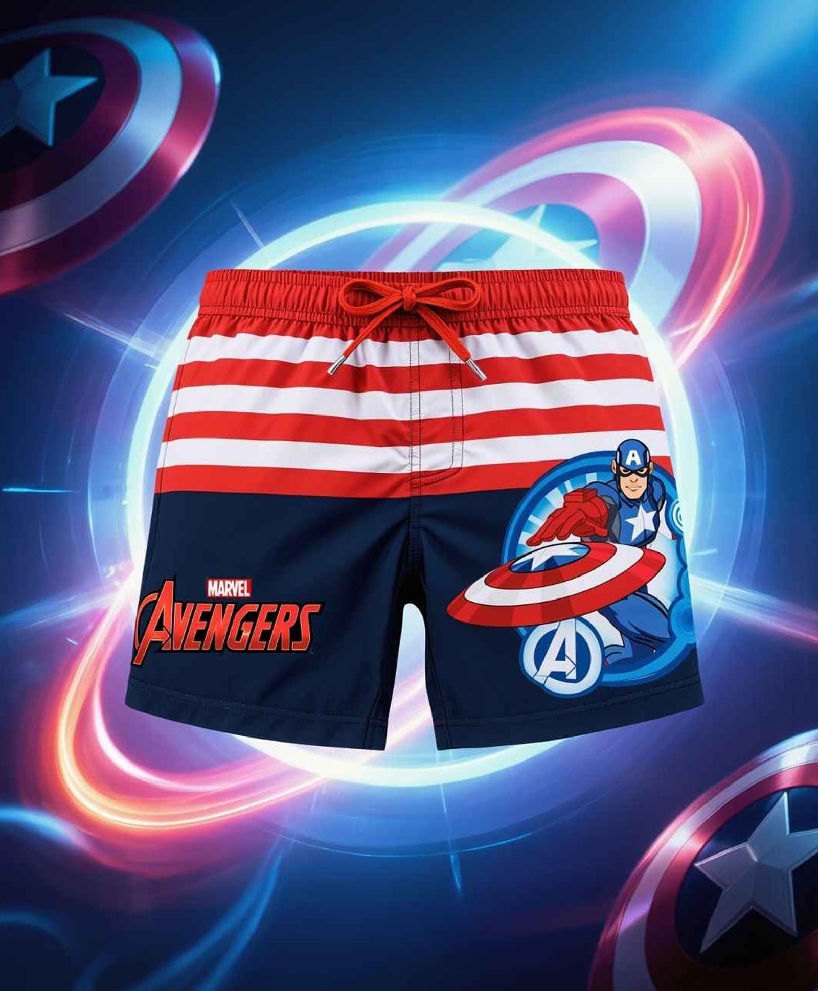 Marvel by Yellow Bee Avengers Featuring Captain America Printed Swim Shorts - Red & Navy Blue-image-12