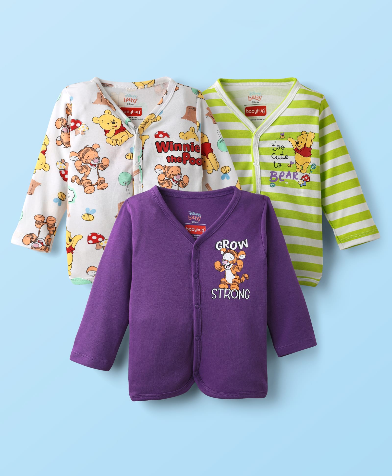 Babyhug Disney Interlock Knit Full Sleeves Front Open Jhablas with Winnie The Pooh Graphics Pack of 3 - Purple Light Green & White-picture-21