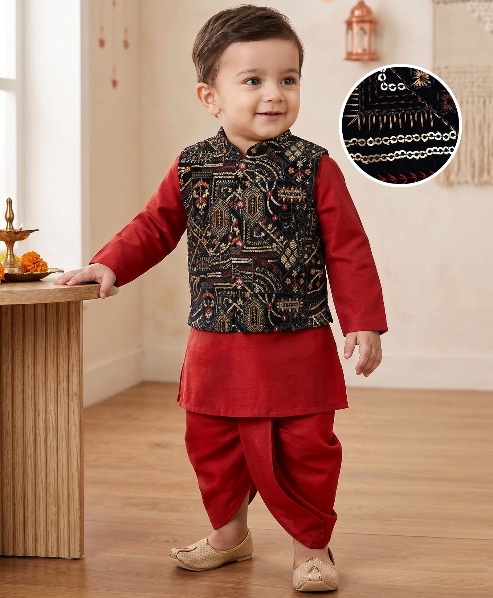 Babyhug Woven Full Sleeves Dhoti & Kurta Set With Embroidered Jacket - Red & White-image-46