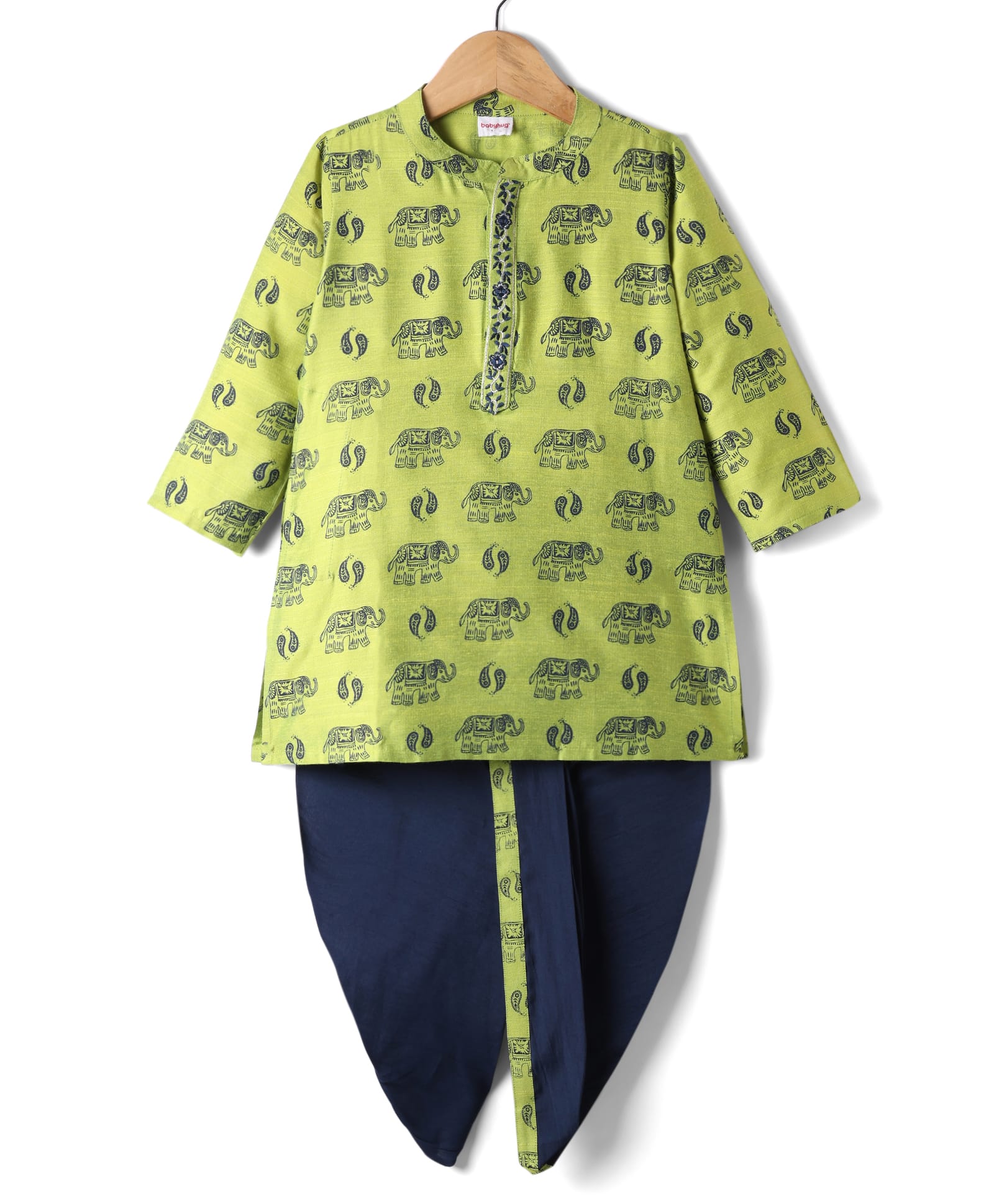 Babyhug Woven Full Sleeves Elephant Printed Kurta & Dhoti Set - Green & Navy Blue-image-25