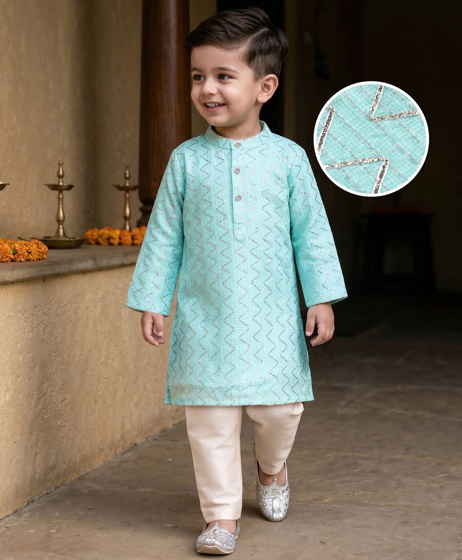 Babyhug Woven Full Sleeves Embroidered Kurta Pajama Set - Mint-image-20