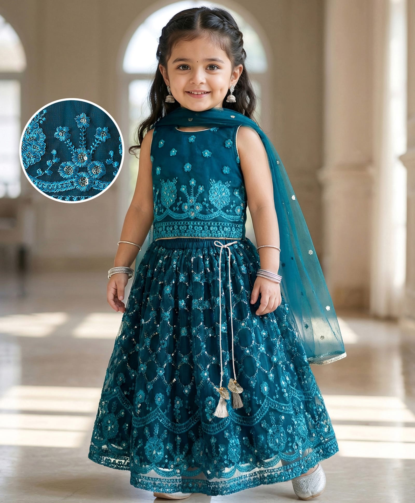 Babyhug Woven Sleeveless Choli Lehenga Set with Dupatta & Floral Embroidery - Navy Blue-image-46