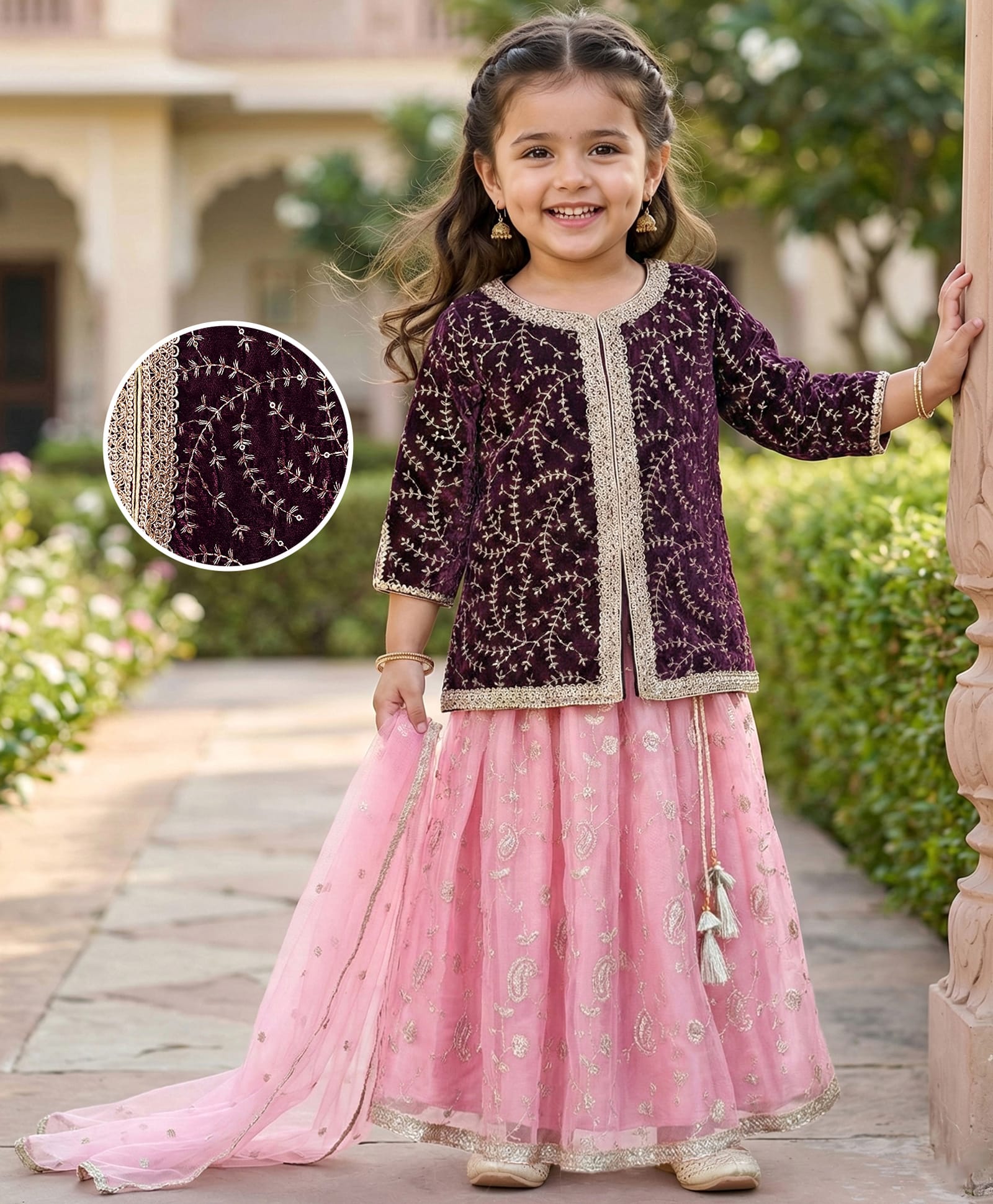 Babyhug Woven Three Fourth Sleeves Choli with Lehenga and Dupatta Set With Floral Sequin & Embroidery with Lace Detailing - Wine & Pink-image-22