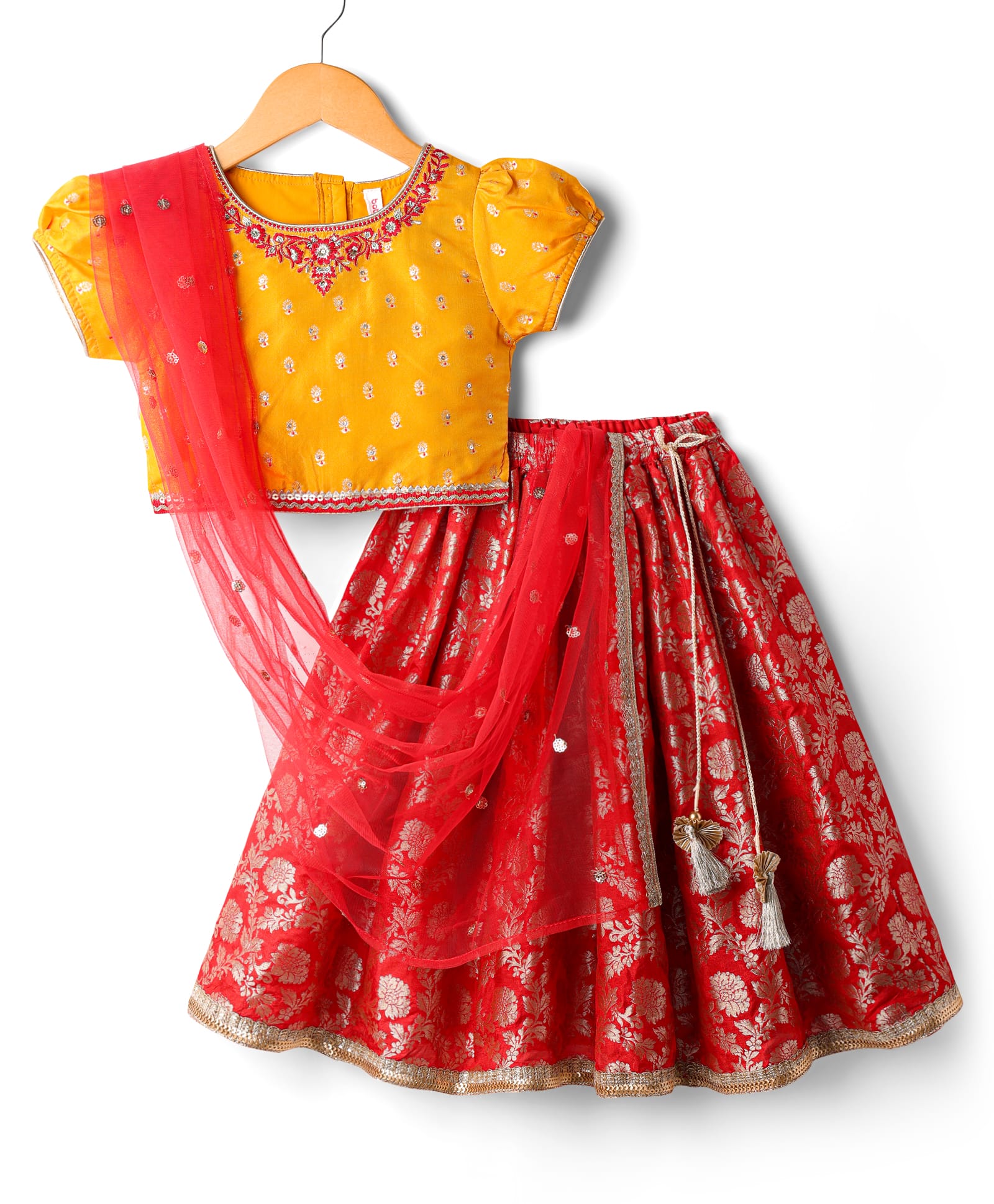 Babyhug Woven Half Sleeves Brocade Choli Lehenga & Dupatta Set With Floral Print & Sequin Detailing - Mustard & Red-picture-28