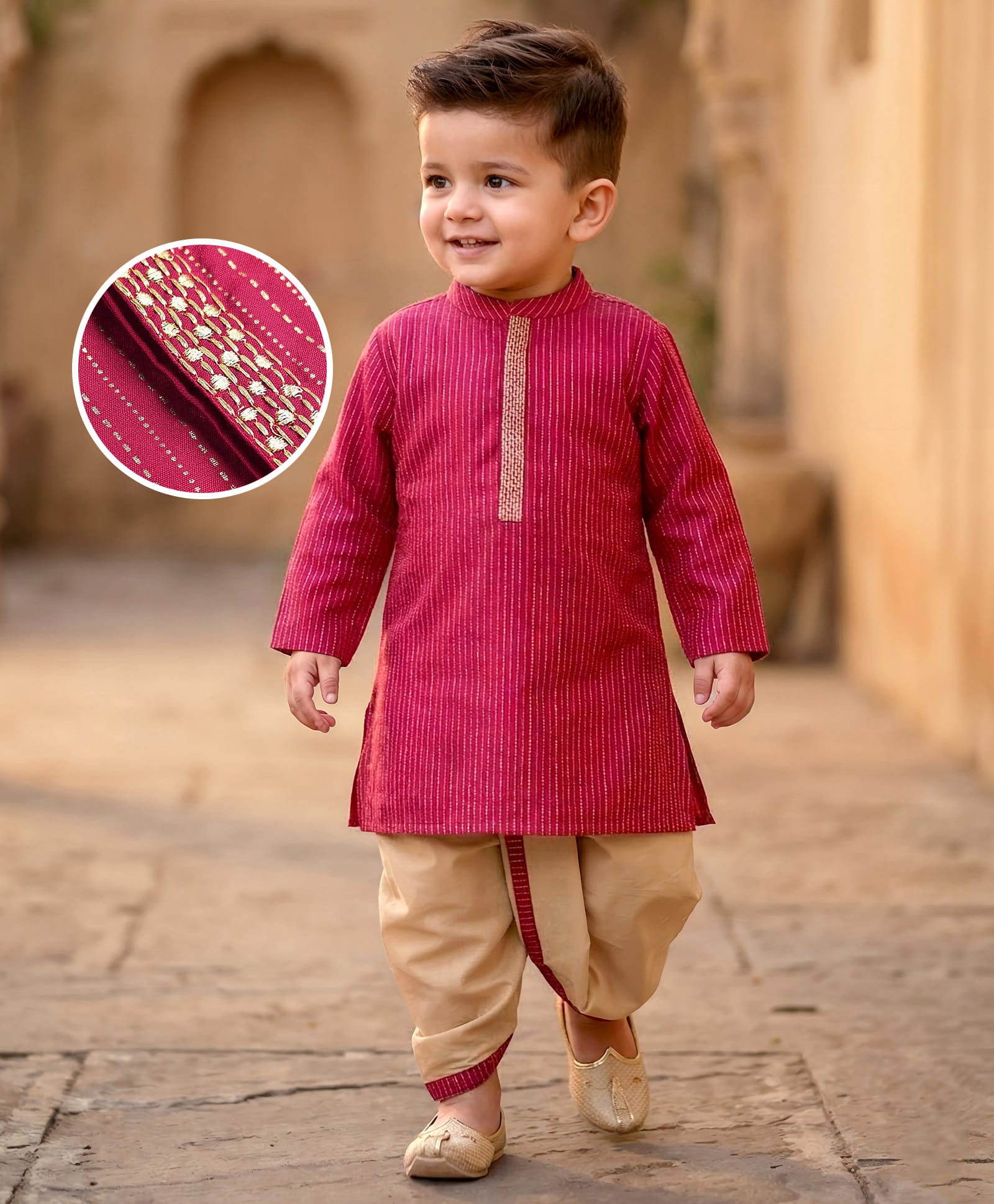 Babyhug Woven Full Sleeves Kurta Dhoti Set with Stripes - Dark Pink-image-31