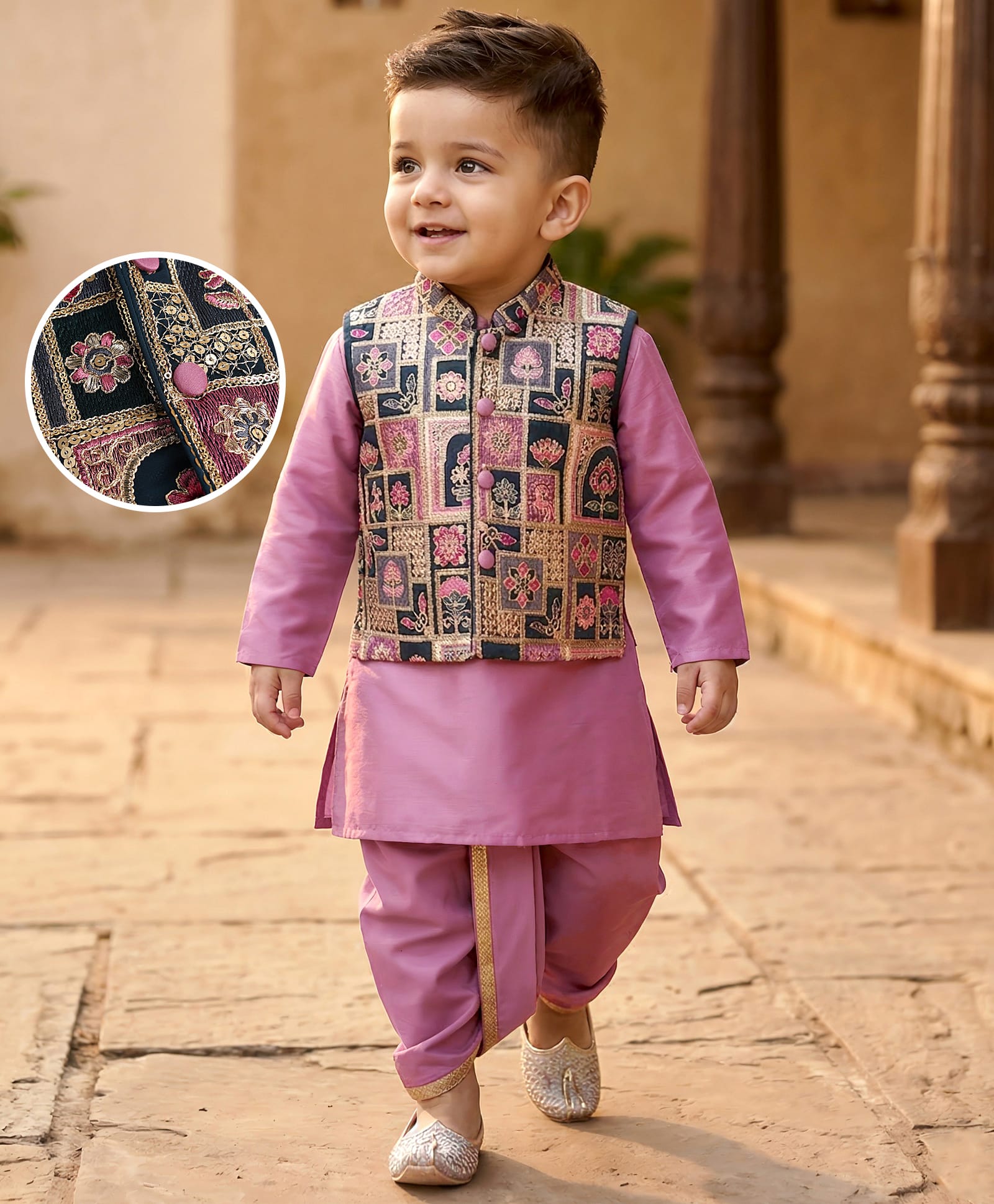 Babyhug Woven Full Sleeves Kurta Dhoti Set With Embroidered Jacket - Lavender-image-10
