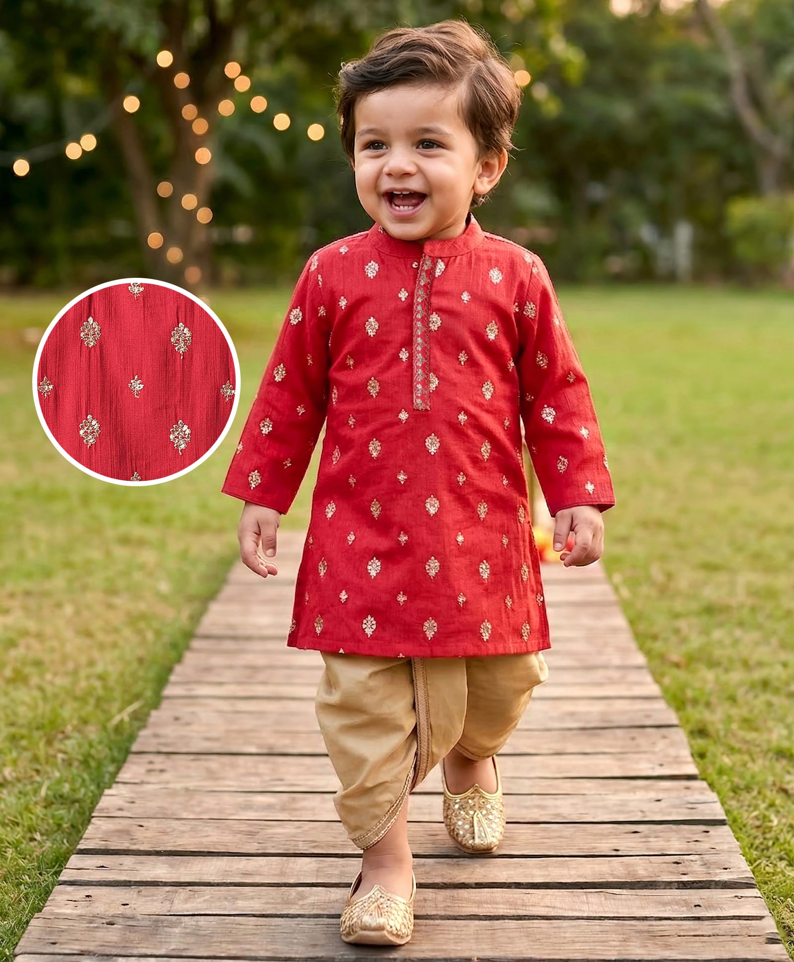 Babyhug Woven Full Sleeves Kurta Dhoti Set with Floral Embroidery - Red-picture-18