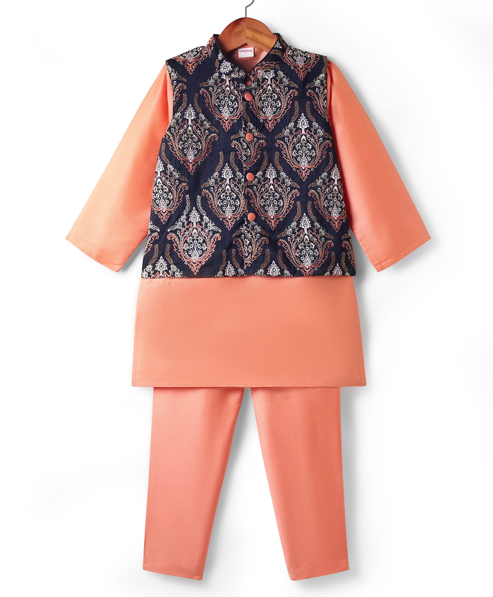 Babyhug Woven Full Sleeves Kurta Pyjama Set with Floral Embroidered Waistcoat - Peach-image-36