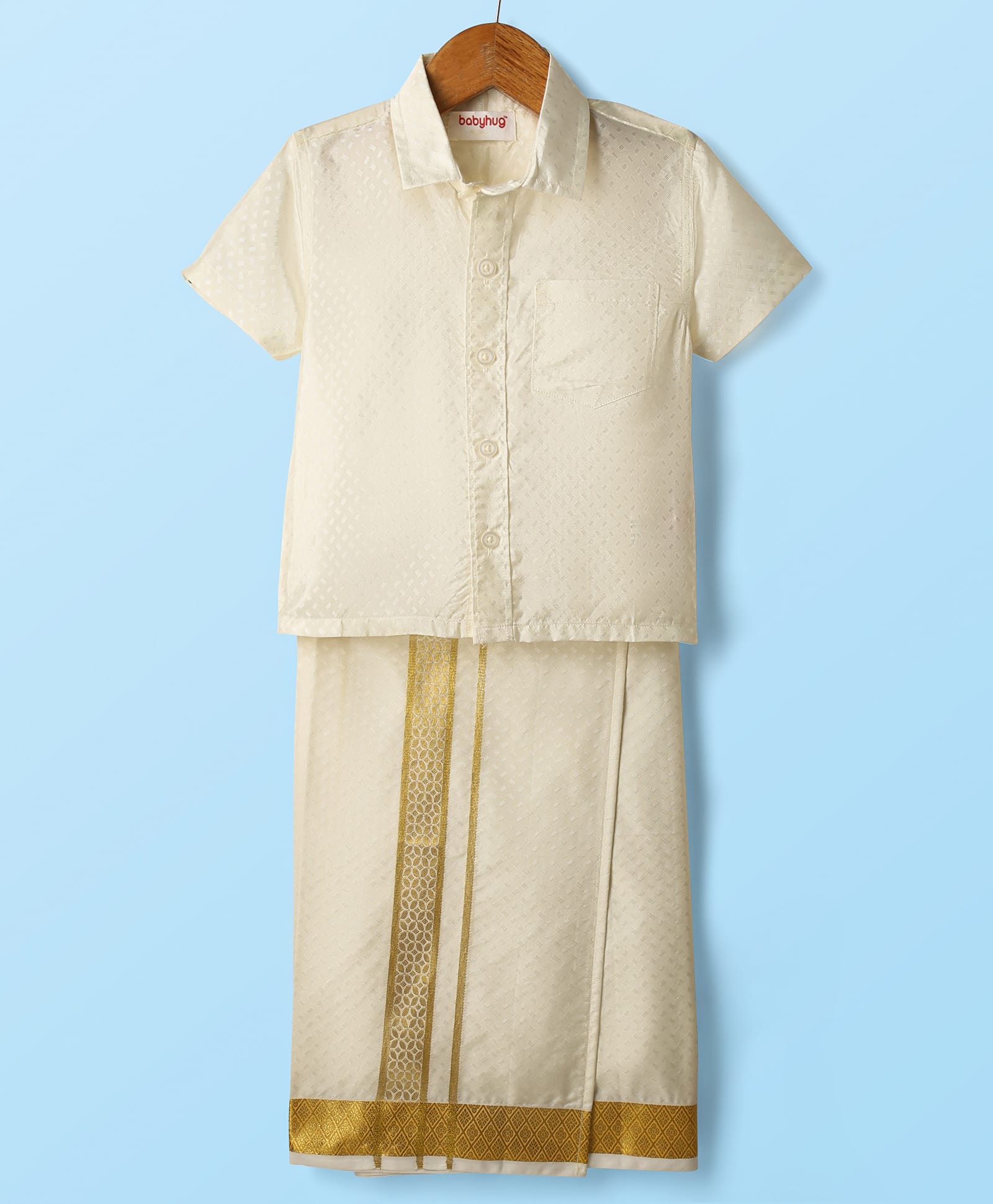 Babyhug Woven Half Sleeves Solid Shirt & Mundu Set - Offwhite-image-35