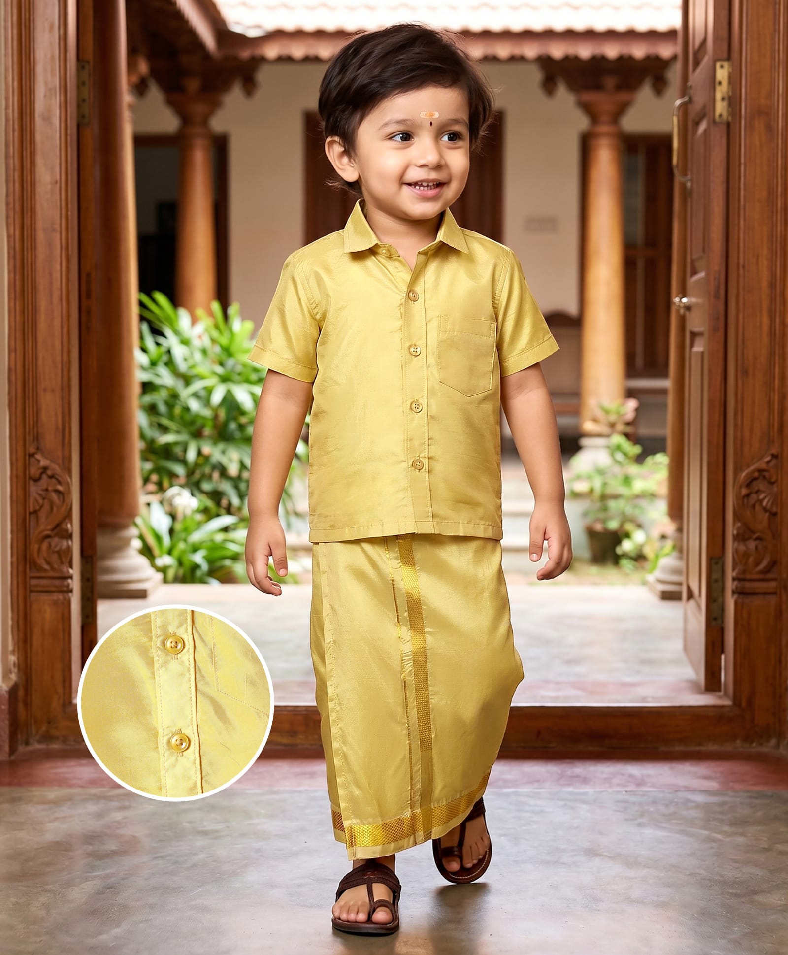 Babyhug Woven Half Sleeves Jacquard Shirt & Mundu Set - Golden-image-2