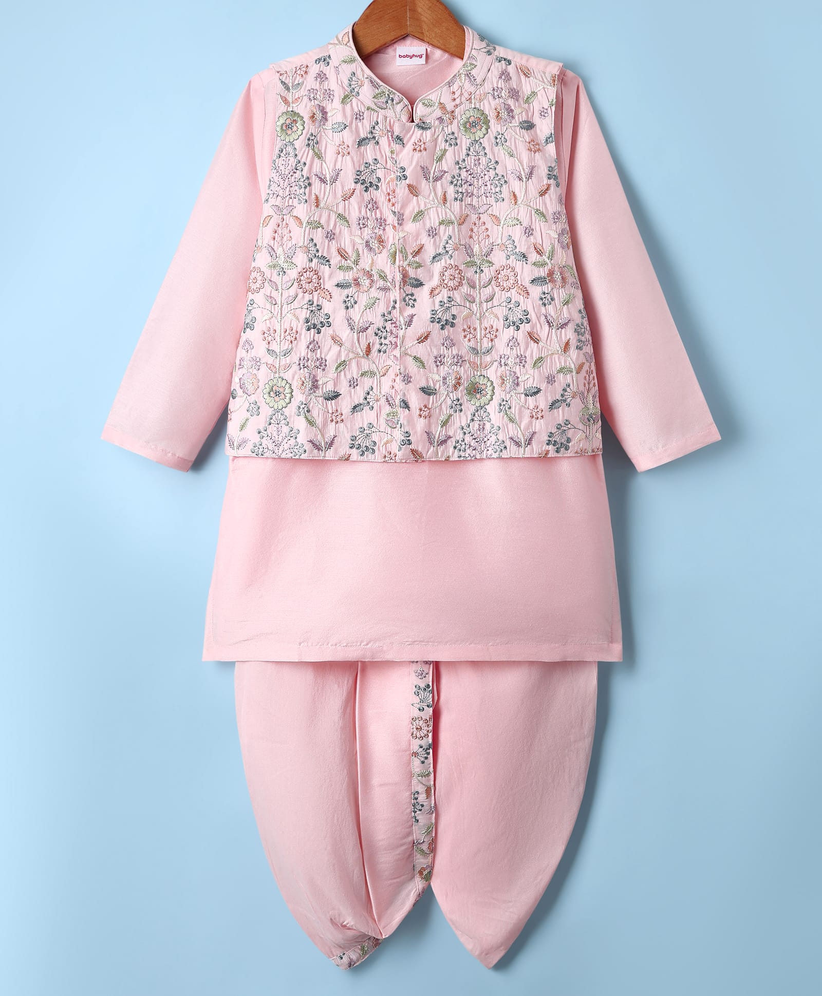 Babyhug Woven Full Sleeves Kurta Dhoti Set with Floral Embroidered Waistcoat - Pink-image-47