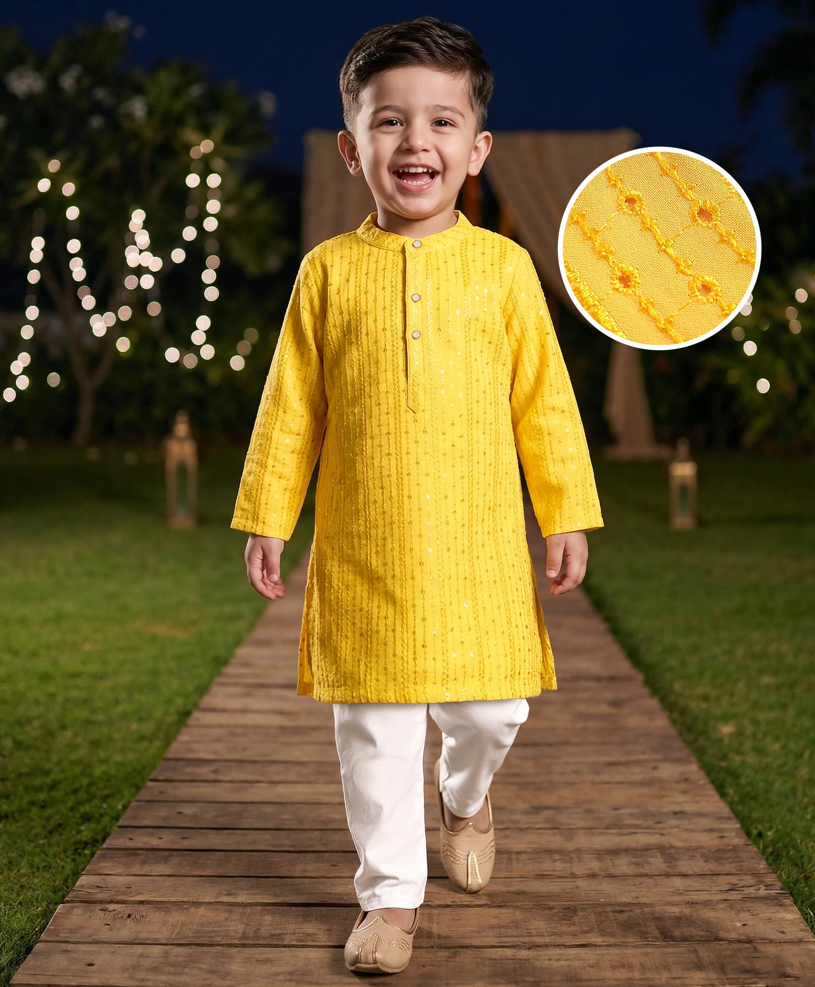 Babyhug Woven Full Sleeves Kurta Pajama Set With Embroidery & Sequin Detailing - Yellow-picture-10