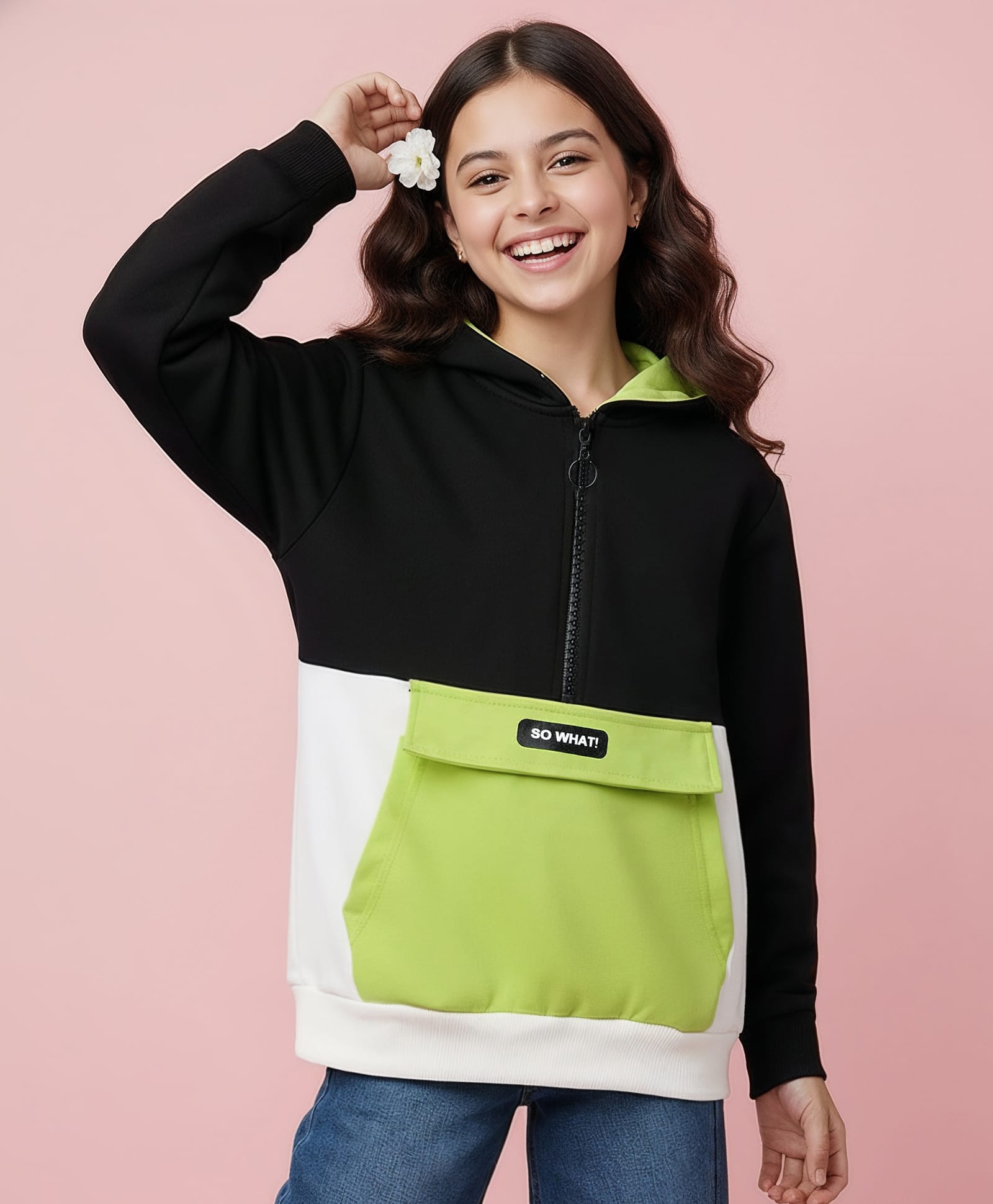 Pine Kids Cotton Knit Full Sleeves Hooded Sweatshirt With So What Print & Kangaroo Pockets - Black & Green-picture-26