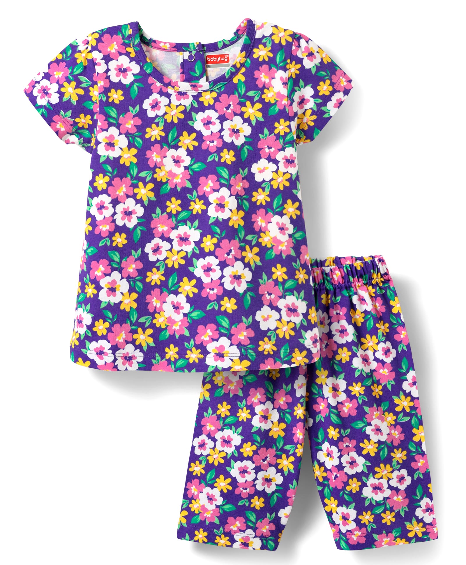 Babyhug Cotton Knit Half Sleeves Capri Co-Ord Night Suit With Floral Print - Purple