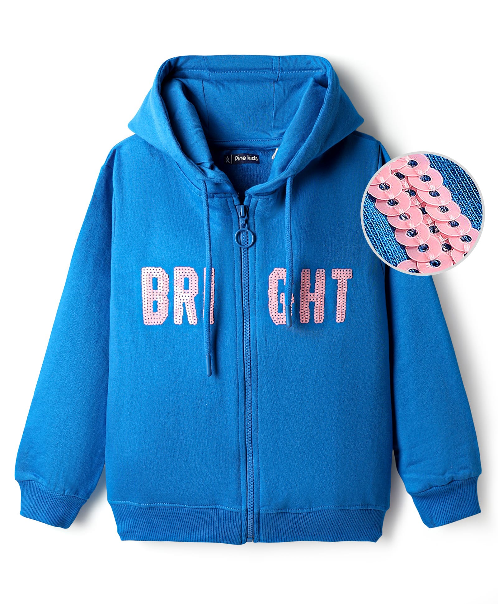 Pine Kids Cotton Knit Full Sleeves Hooded SweatJacket with Sequin Detailing - Blue-picture-36