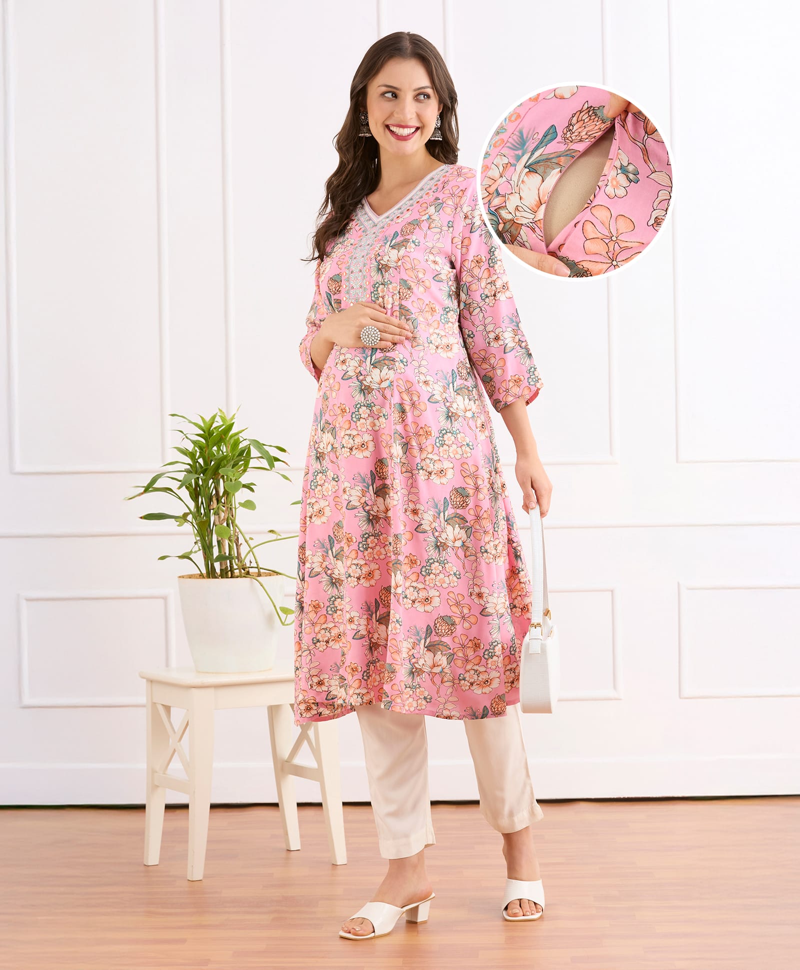 Bella Mama Viscose Woven Three Fourth Sleeves Maternity Kurta With Embriodered Neck & Floral Print - Pink-image-45