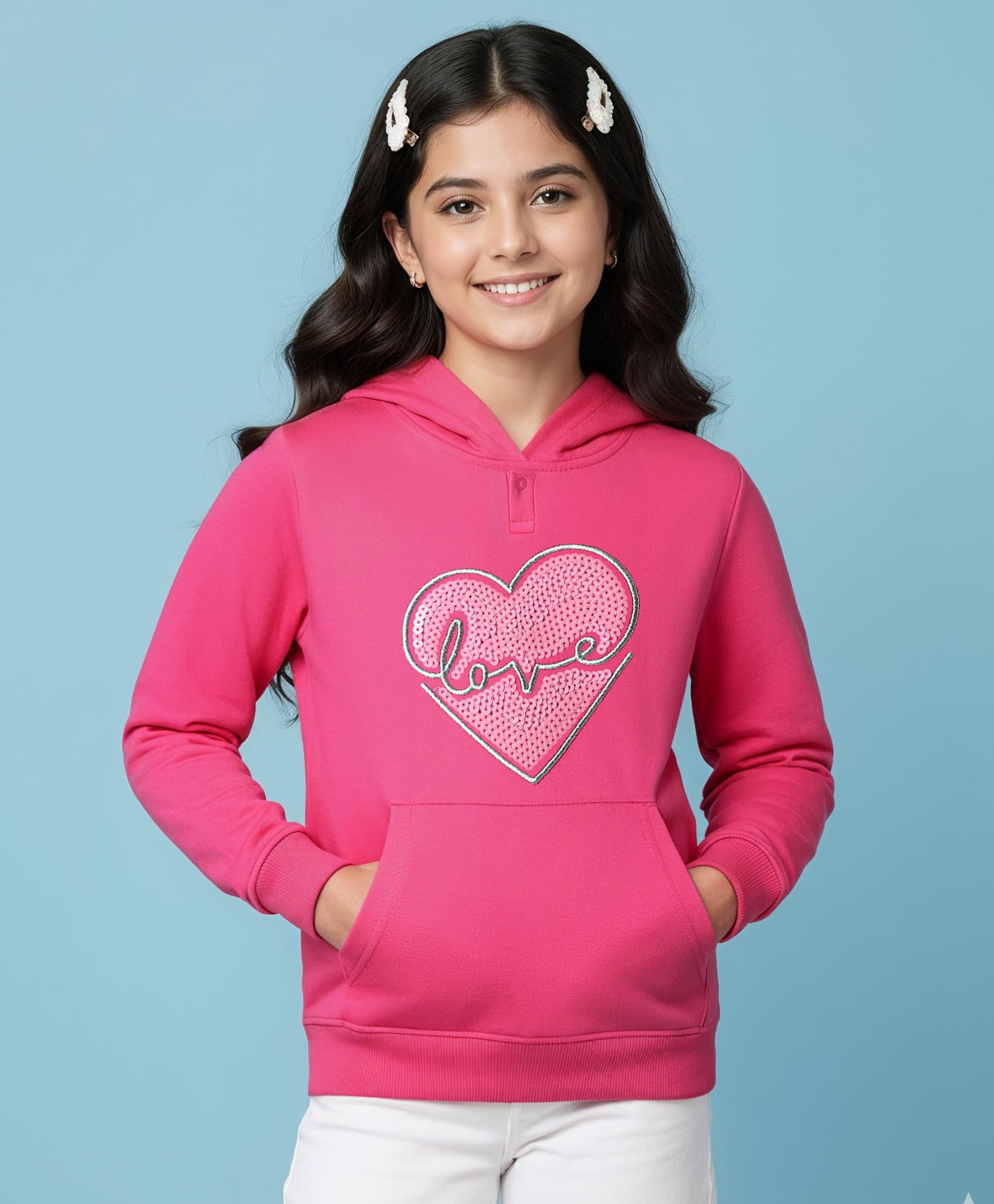 Pine Kids Cotton Knit Full Sleeves Hooded Sweatshirt with Sequin Heart Design & Kangaroo Pocket - Dark Pink-picture-16