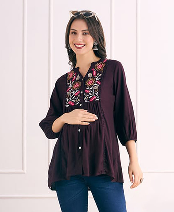Bella Mama Woven Three Fourth Sleeves Maternity Top With Floral Embroidered Yoke - Wine