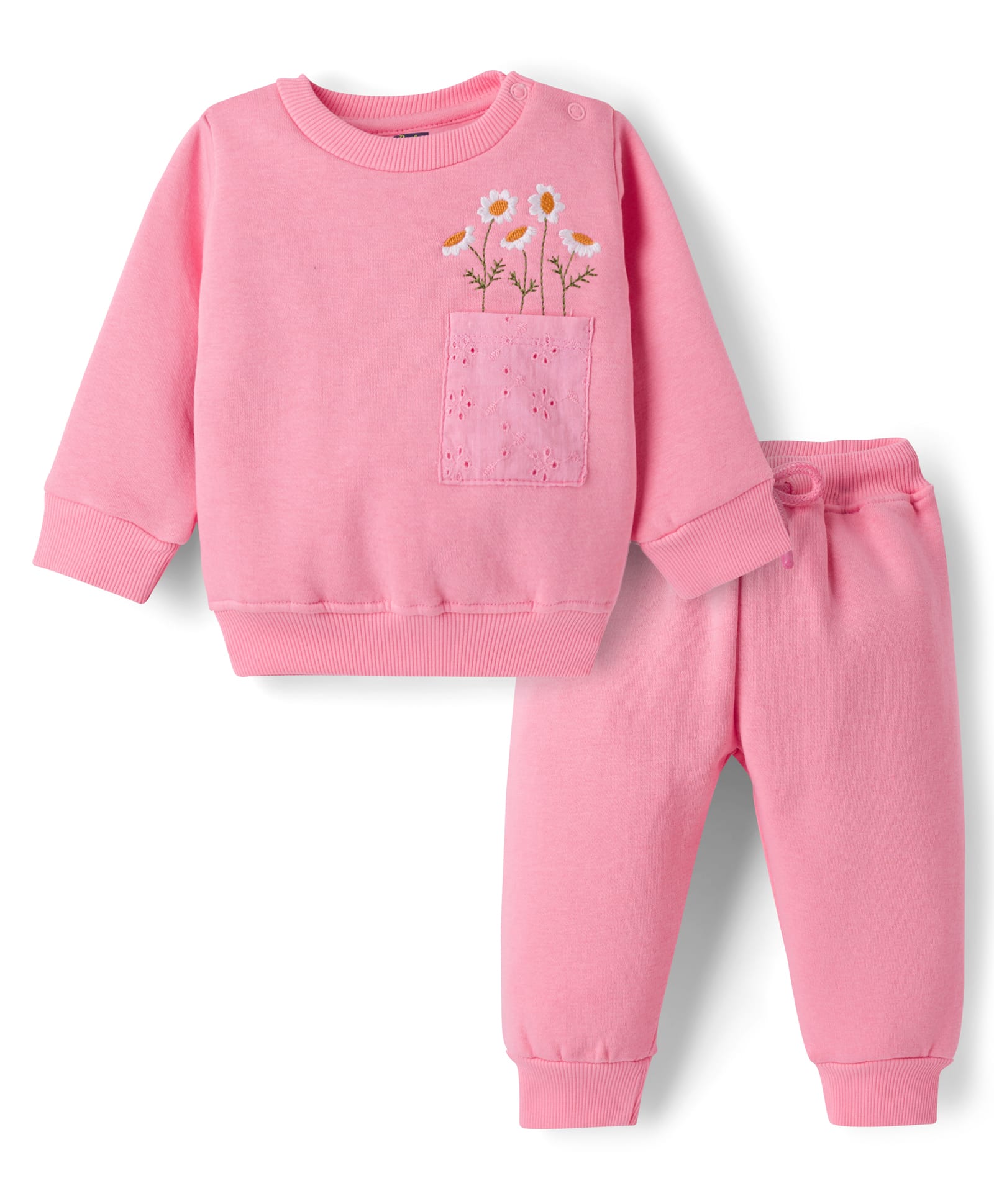 Pepito Fleece Knit Full Sleeves Sweatshirt & Lounge Pant Set with Front Pocket & Floral Embroidery - Pink-image-32